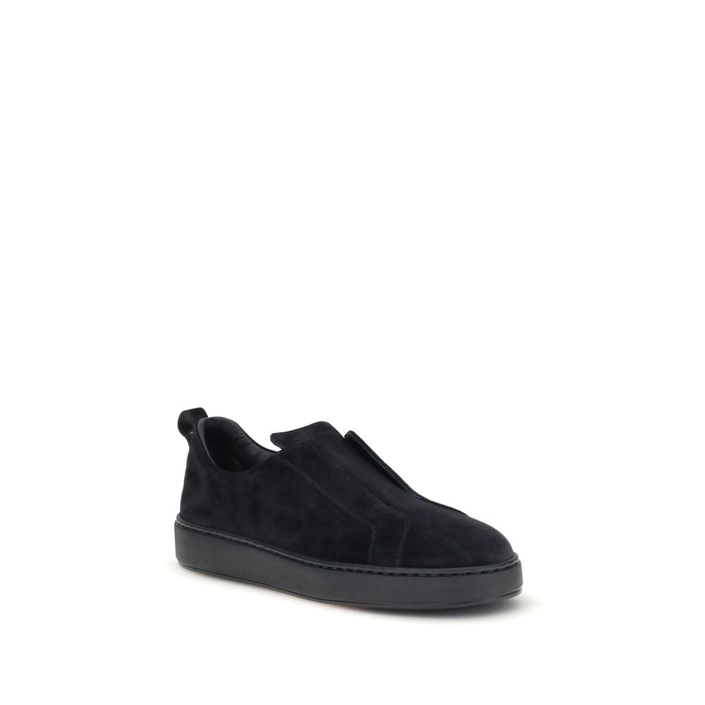 Santoni Black Calf Leather Bos Taurus Low Top Sneakers