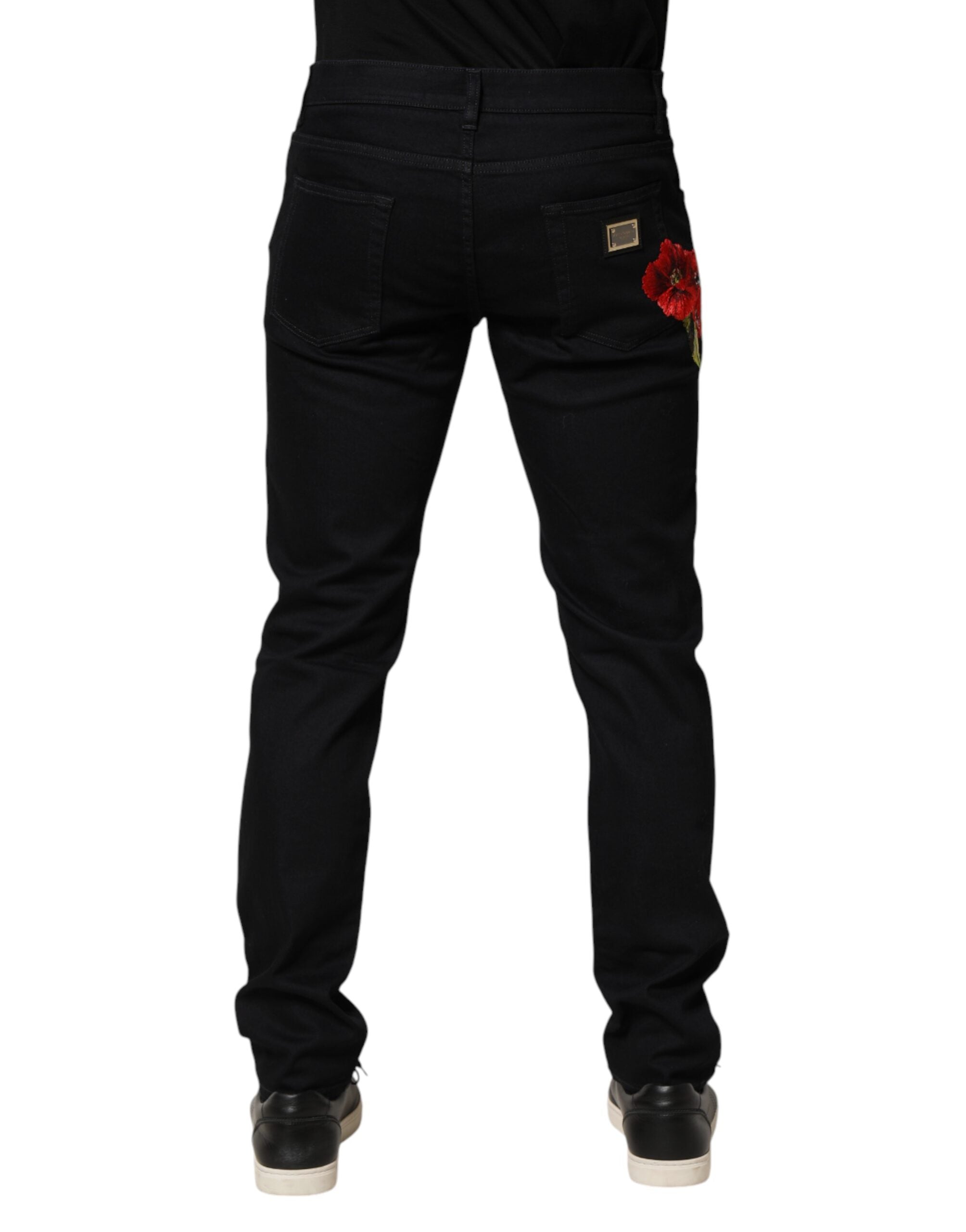 Dolce & Gabbana Black Floral Cotton Skinny Men Denim Jeans
