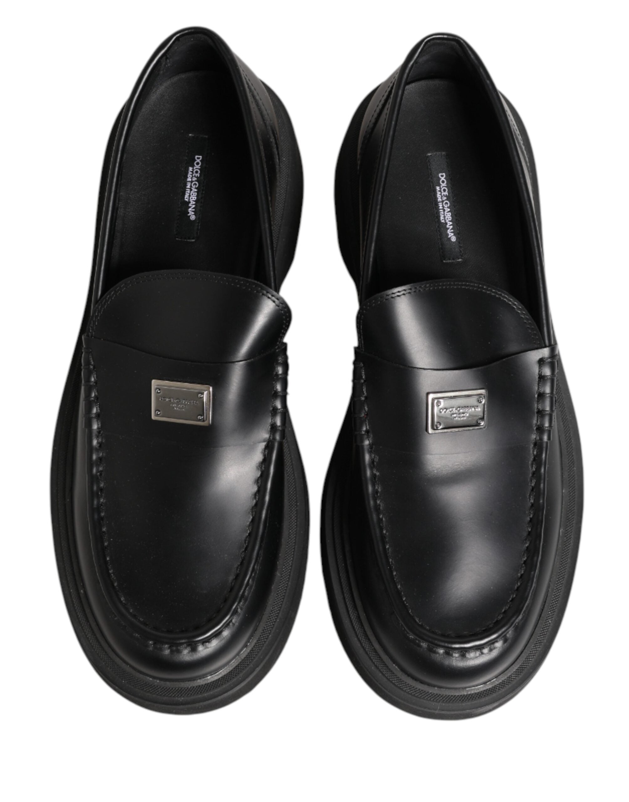 Dolce & Gabbana Black Leather DG Plaque Loafers Dress Shoes
