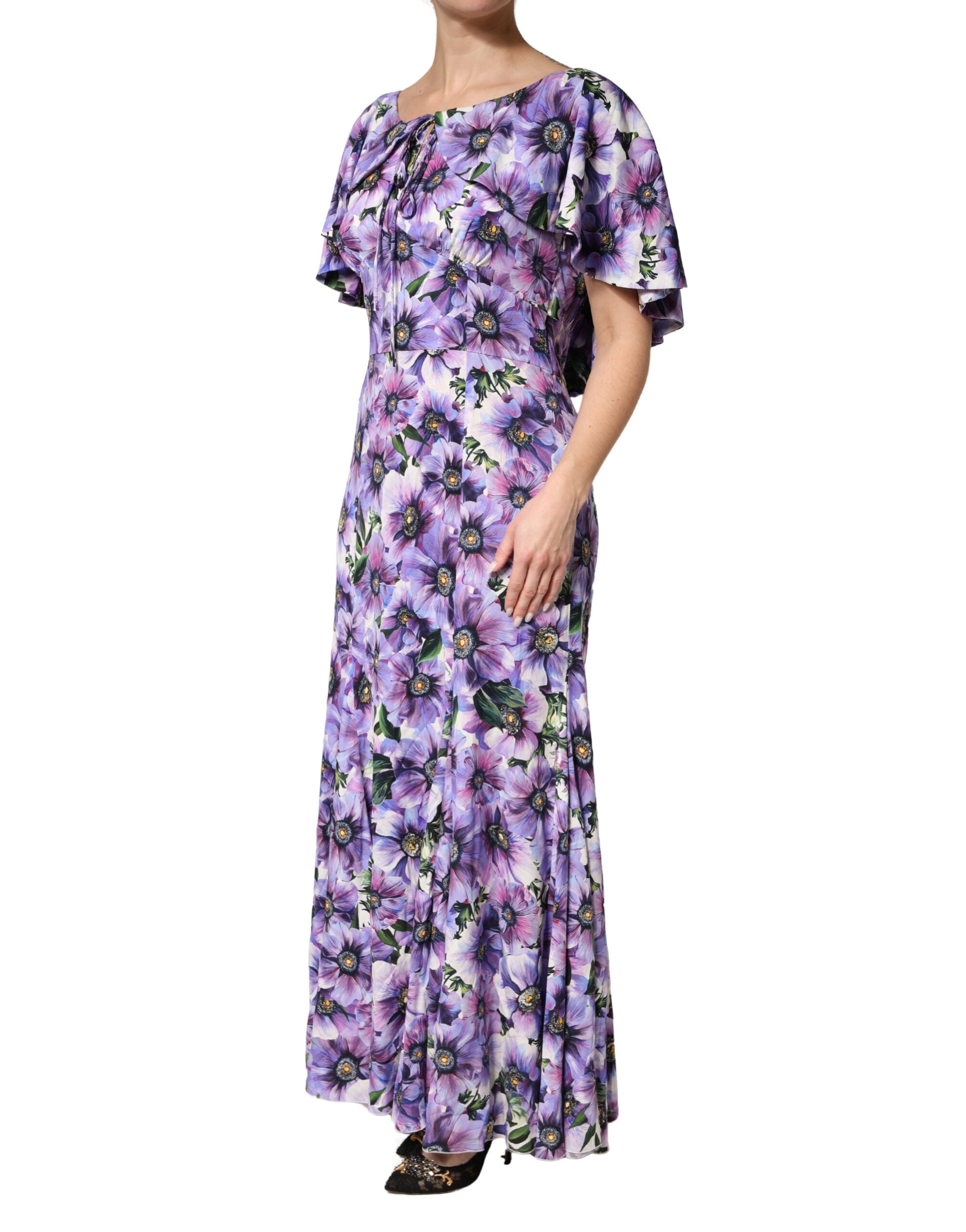 Dolce & Gabbana Purple Floral Silk Stretch Elegant Gown Dress