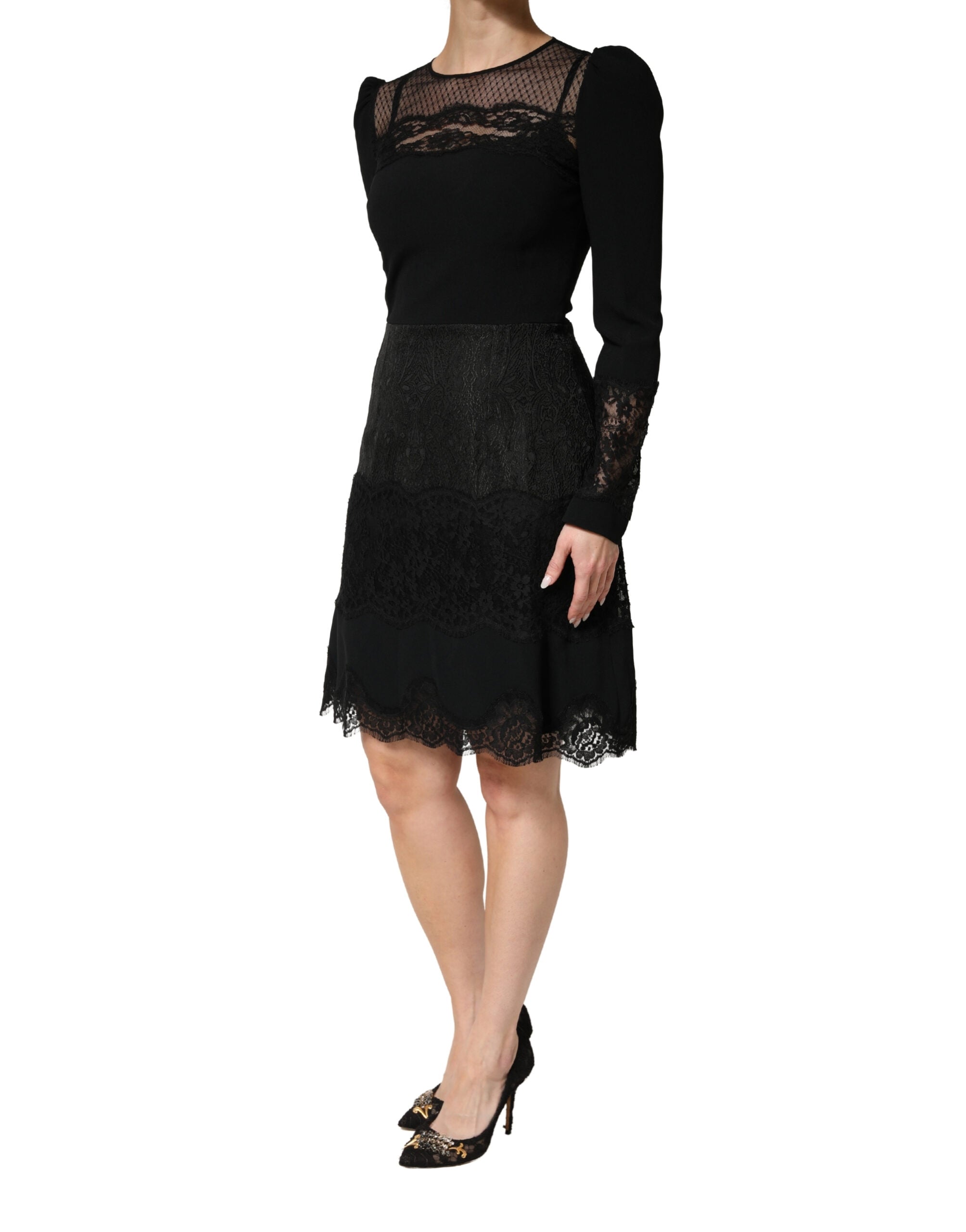 Dolce & Gabbana Black Lace Sheer Panel Midi Long Sleeve Dress