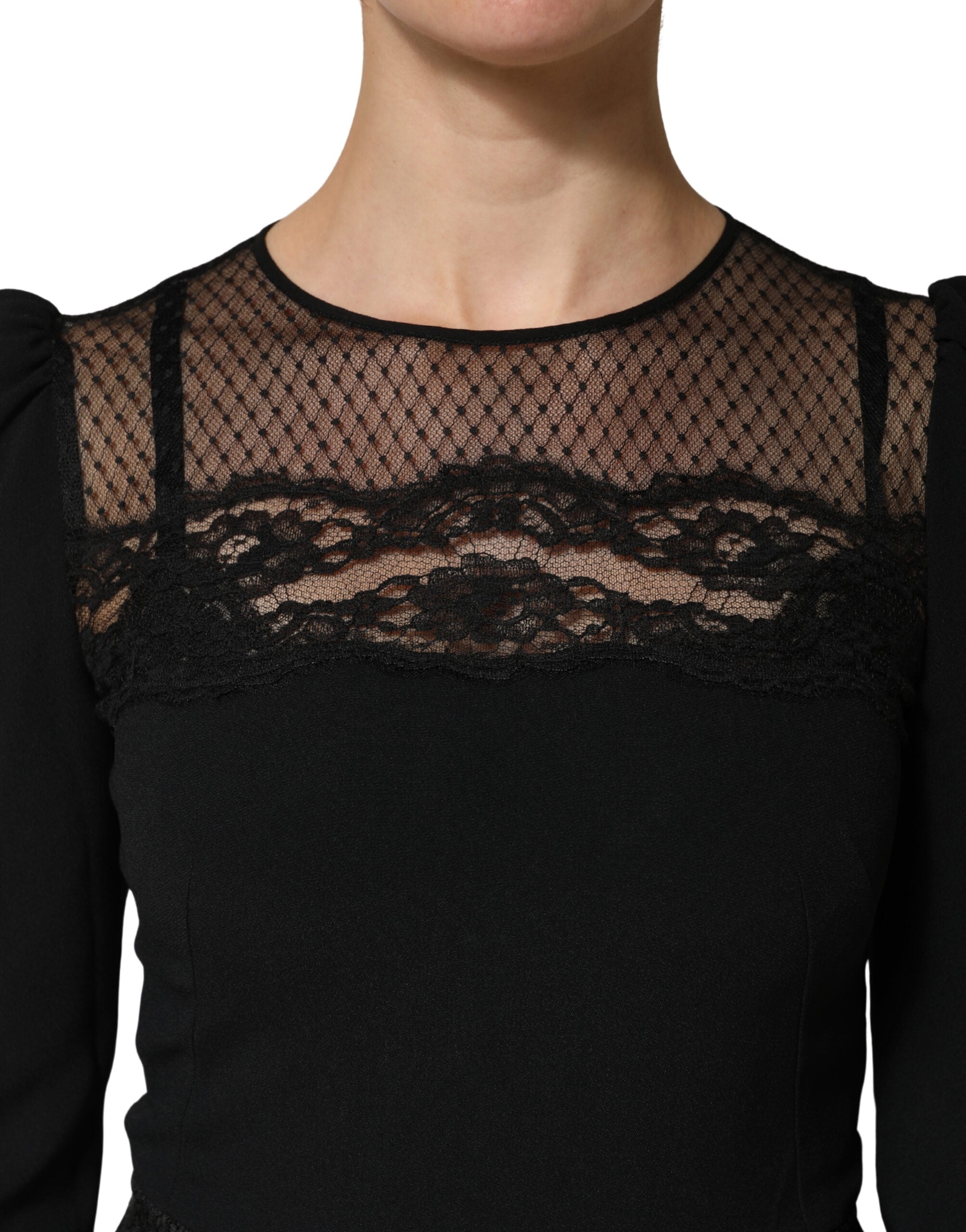 Dolce & Gabbana Black Lace Sheer Panel Midi Long Sleeve Dress