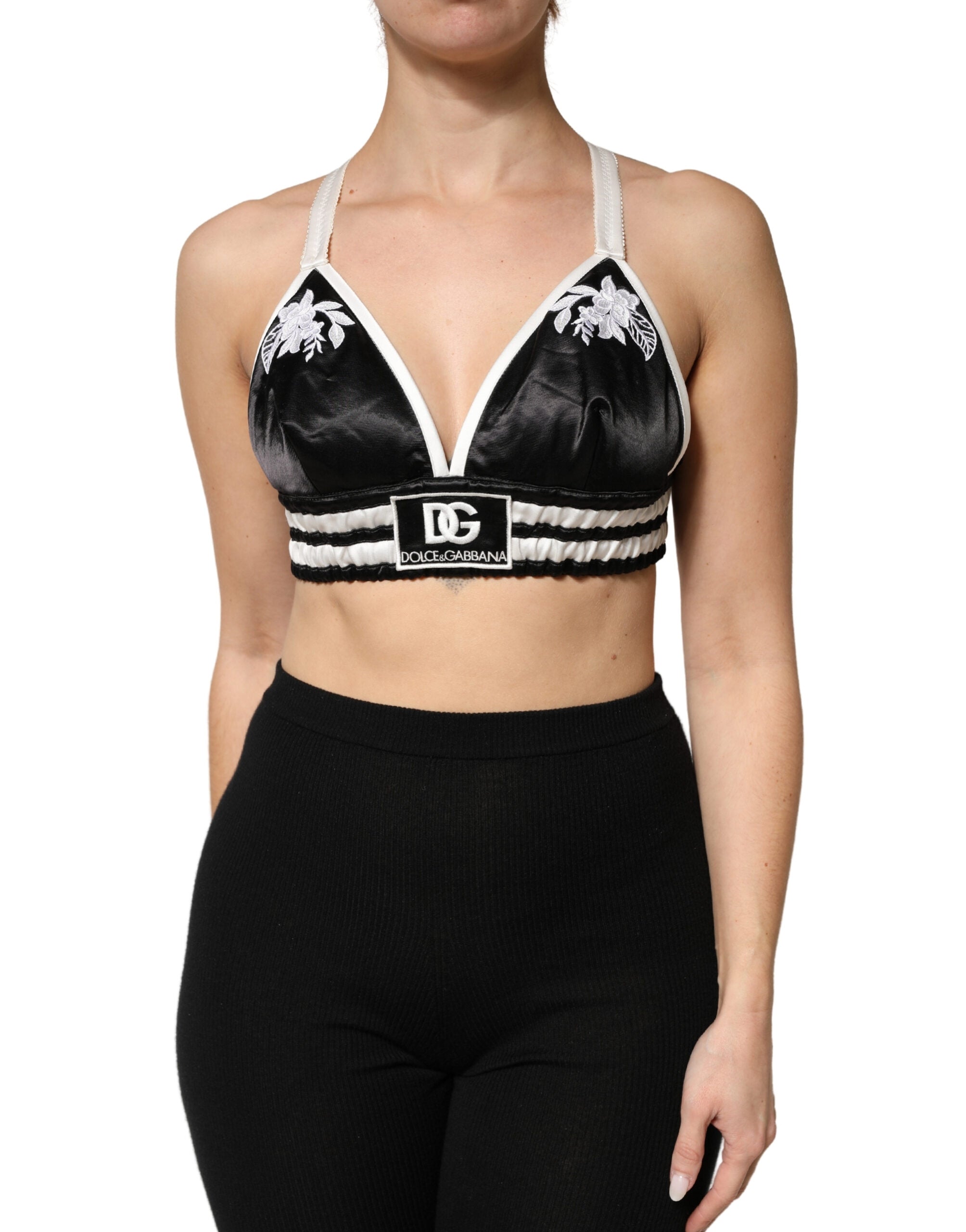 Dolce & Gabbana Black Floral Silk Satin Crop Logo Bralette Top