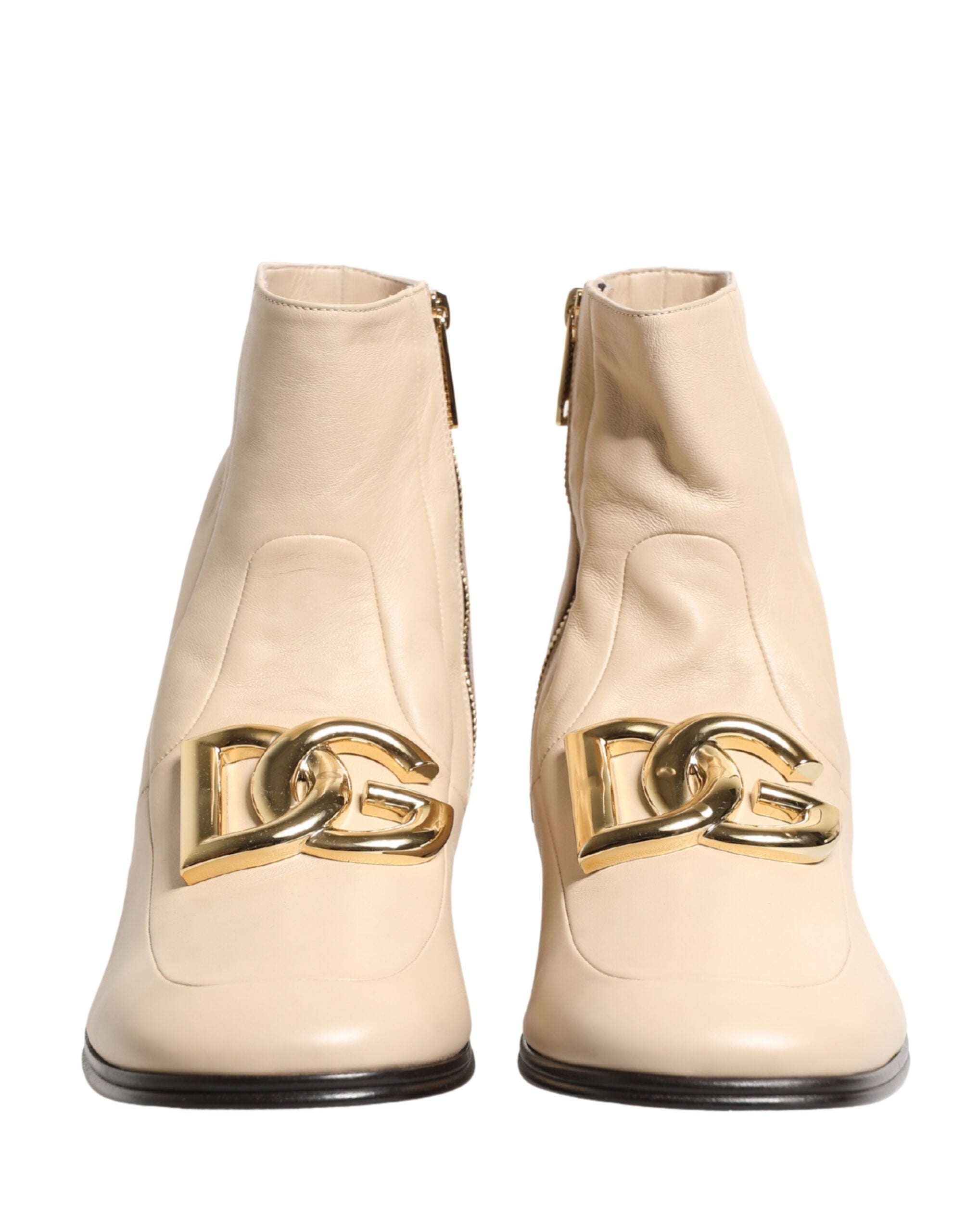Dolce & Gabbana Beige Leather Logo Plaque Ankle Boots Shoes