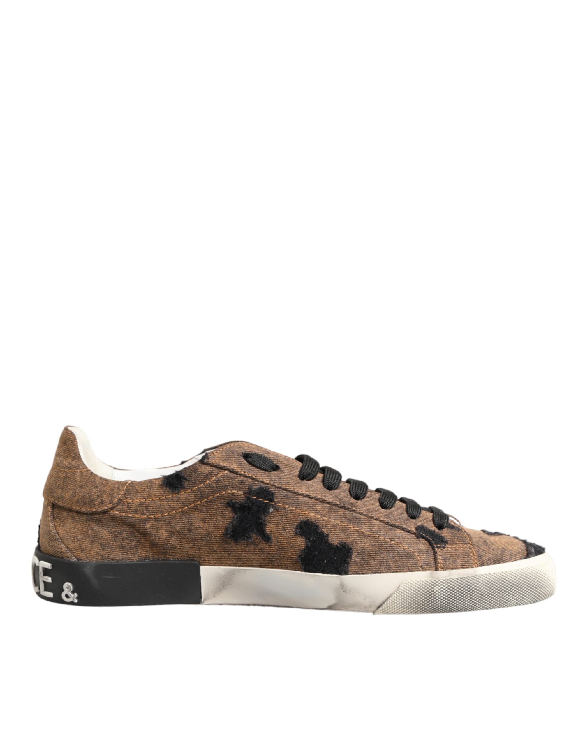 Dolce & Gabbana Brown Black Patch Denim Low Top Sneakers Shoes