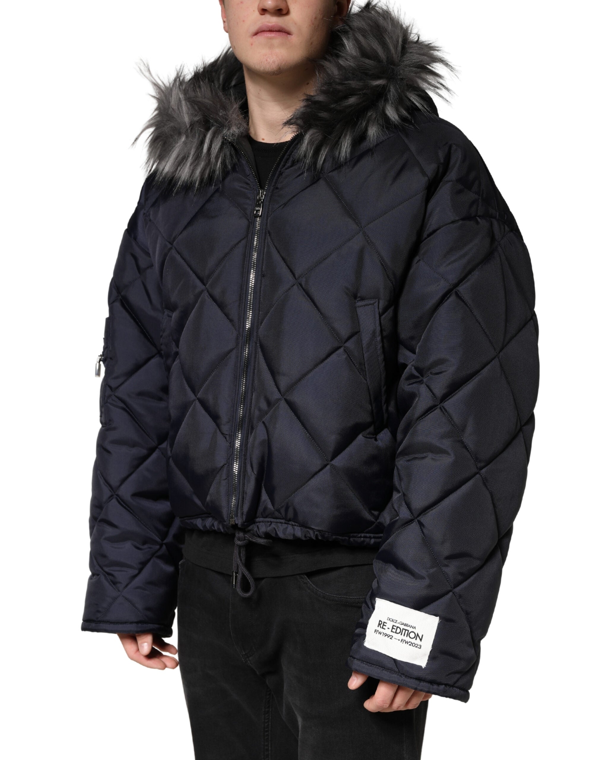 Dolce & Gabbana Black Quilted Fur Shearling Hooded Jacket