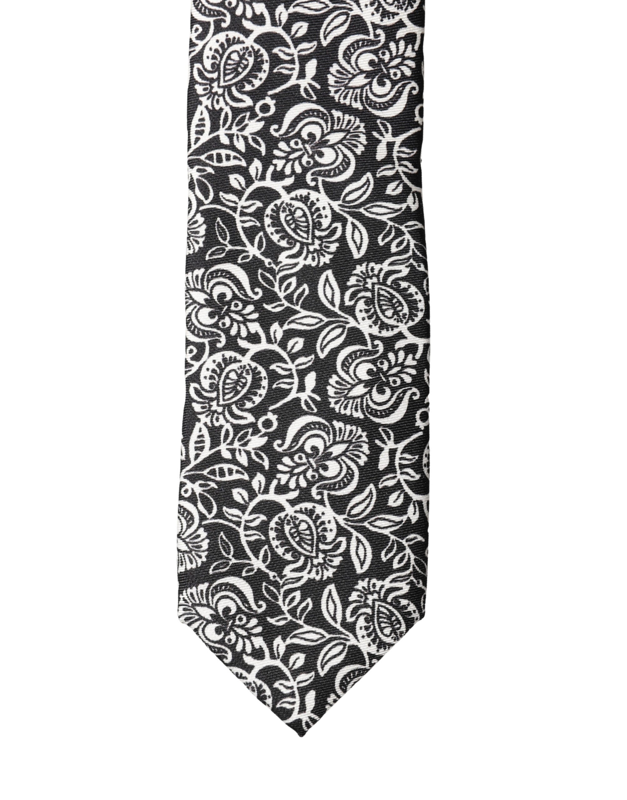 Dolce & Gabbana Black White Floral Fantasy Silk Adjustable Necktie Tie