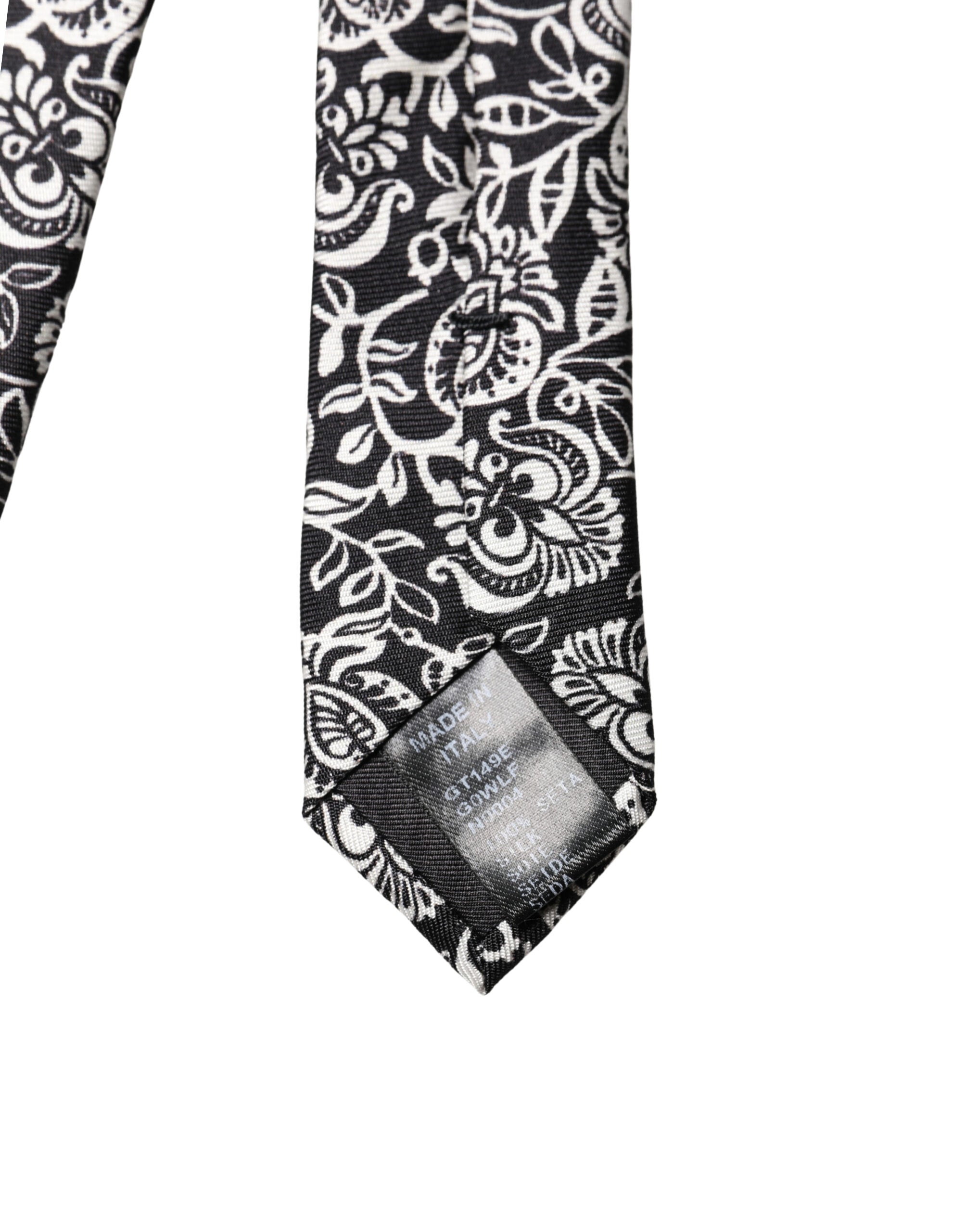 Dolce & Gabbana Black White Floral Fantasy Silk Adjustable Necktie Tie