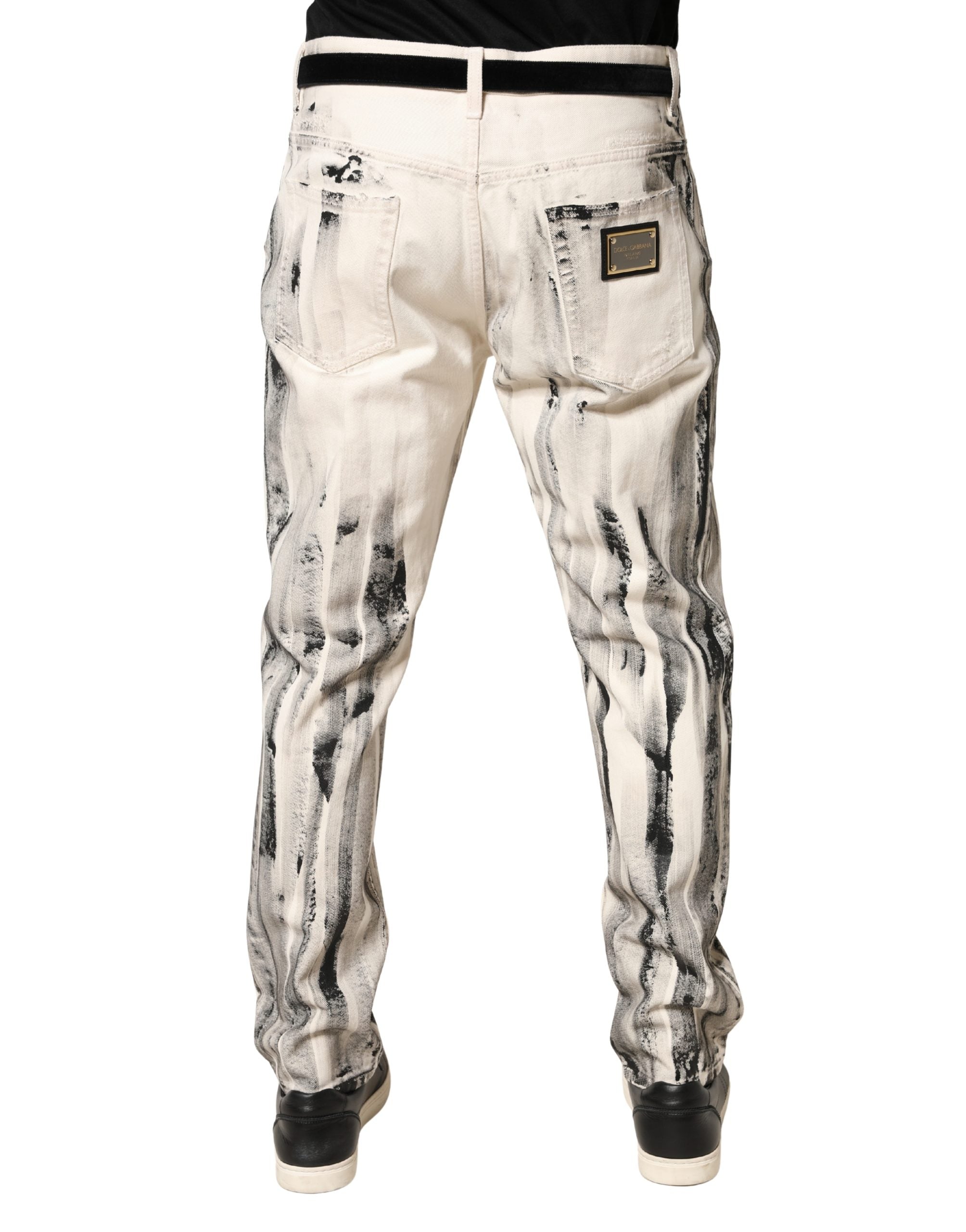 Dolce & Gabbana White Distressed Paint Print LooseDenim Jeans