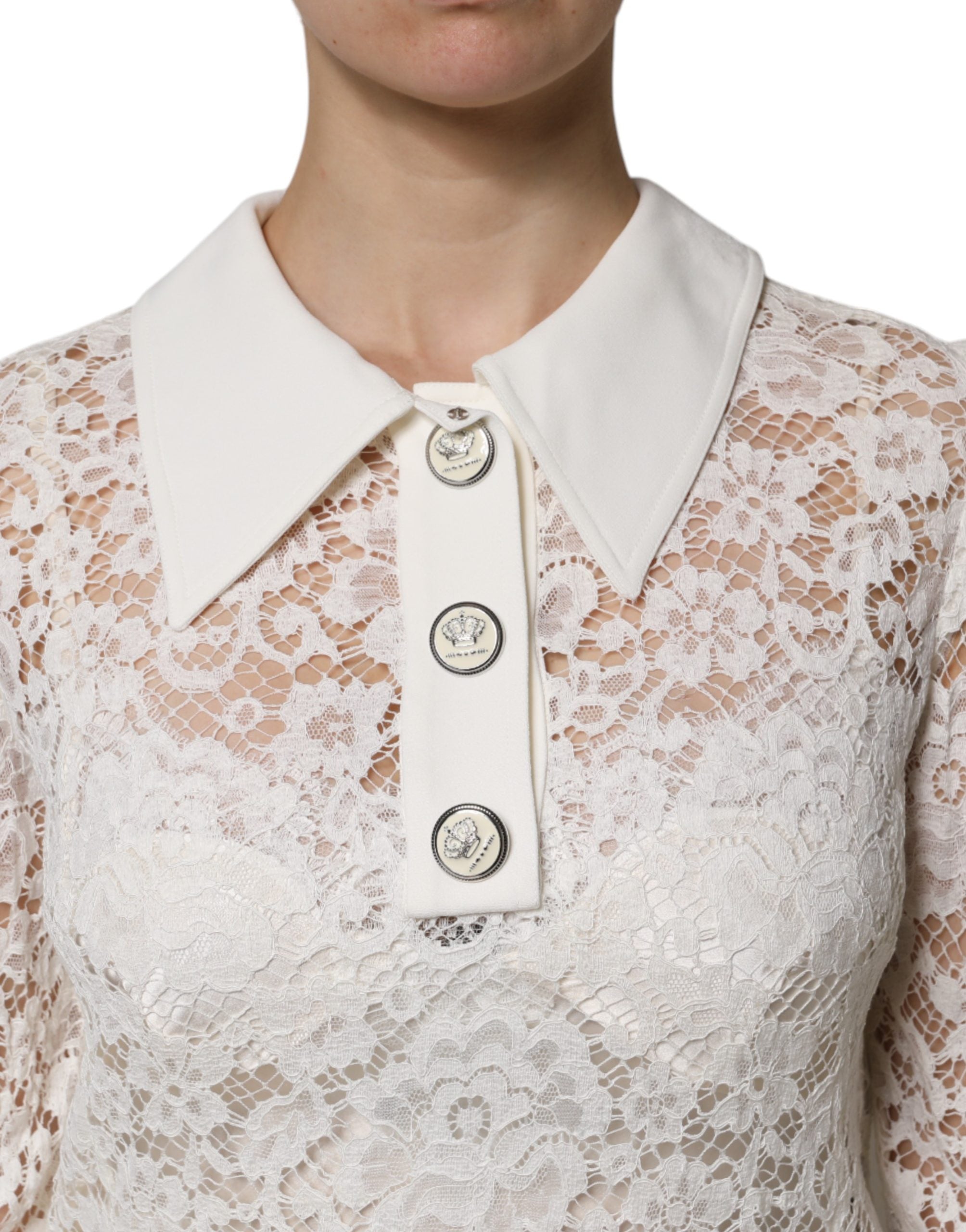 Dolce & Gabbana White Floral Lace Viscose Collared Mini Dress