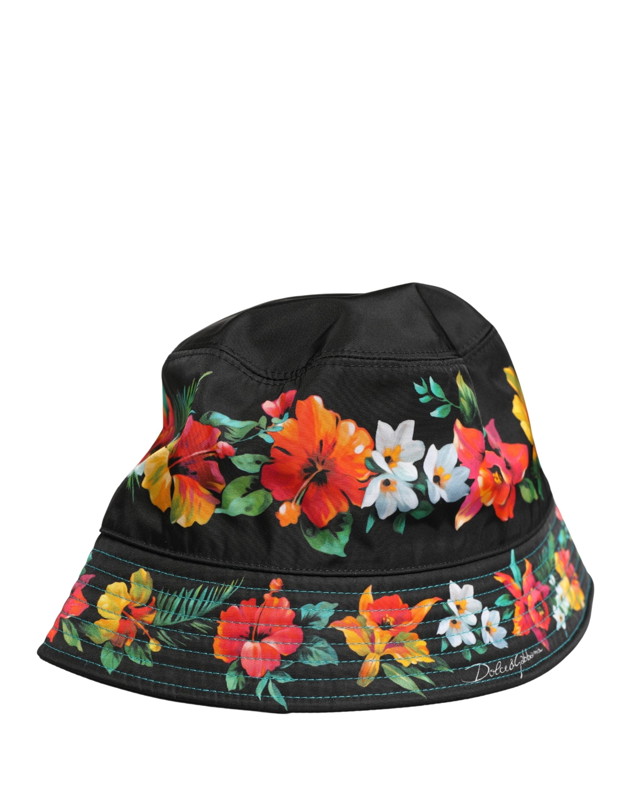 Dolce & Gabbana Men Black Floral Print Nylon Fisherman Cap Hat