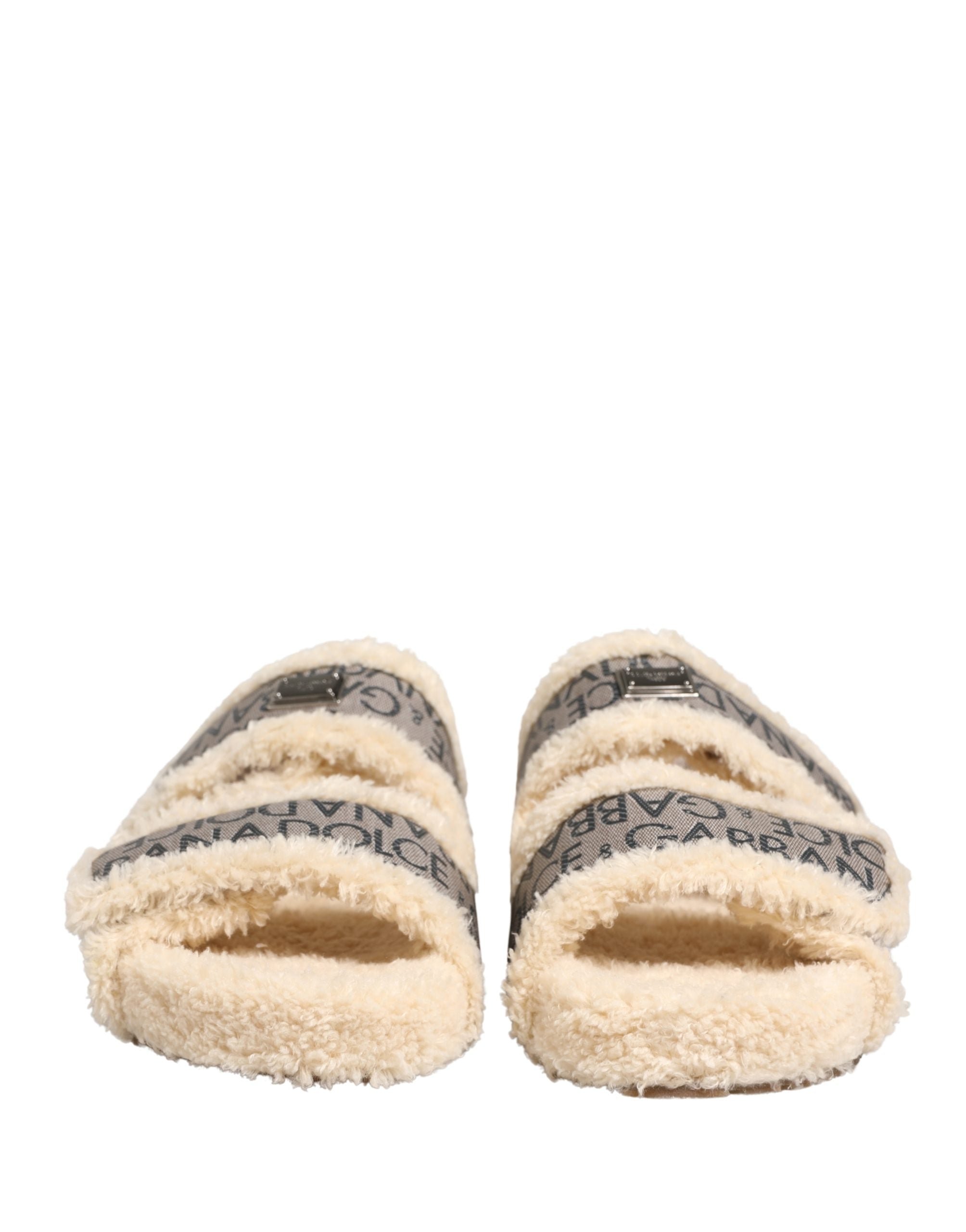 Dolce & Gabbana Beige Faux Fur Logo Print Flats Sandals Shoes