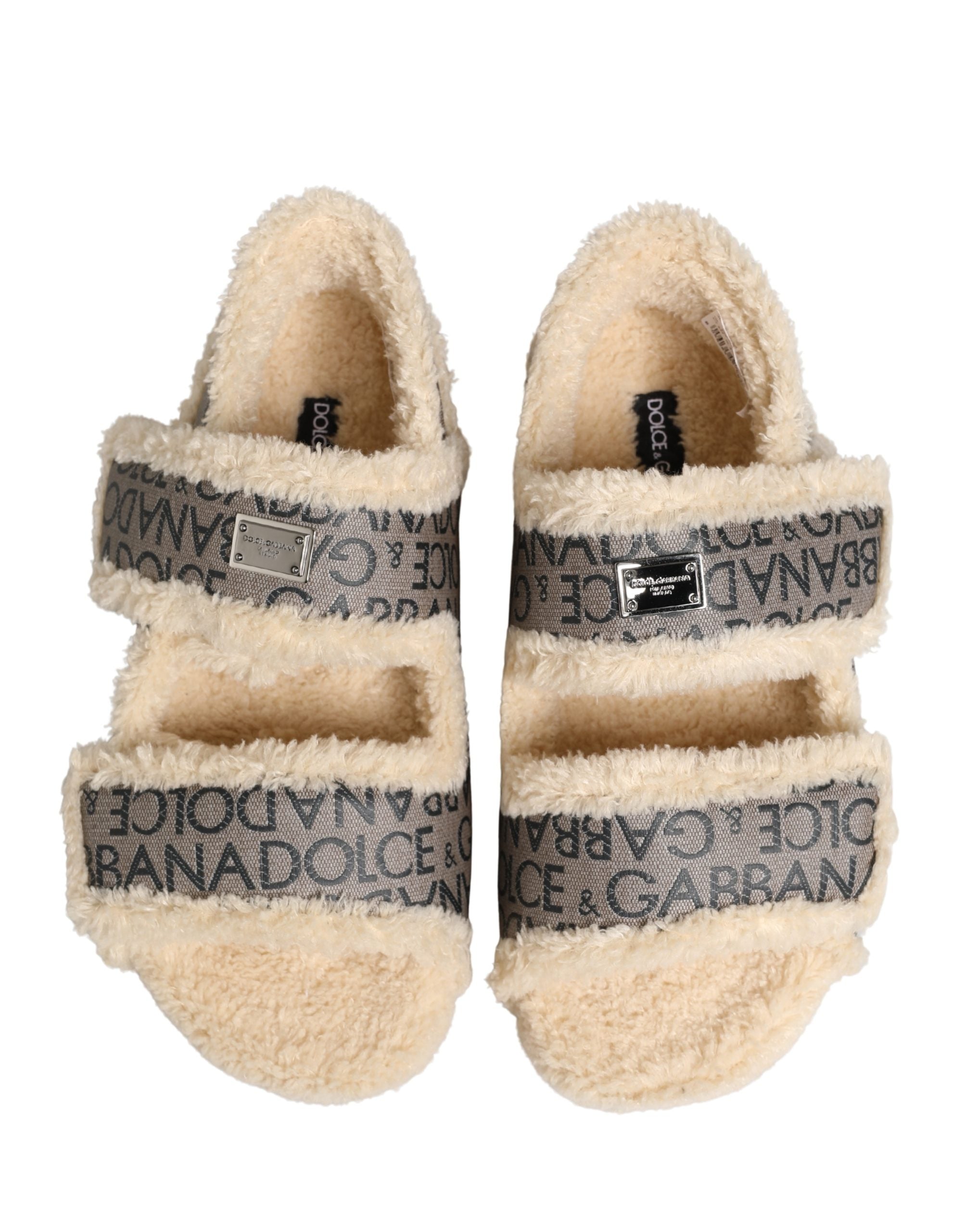 Dolce & Gabbana Beige Faux Fur Logo Print Flats Sandals Shoes
