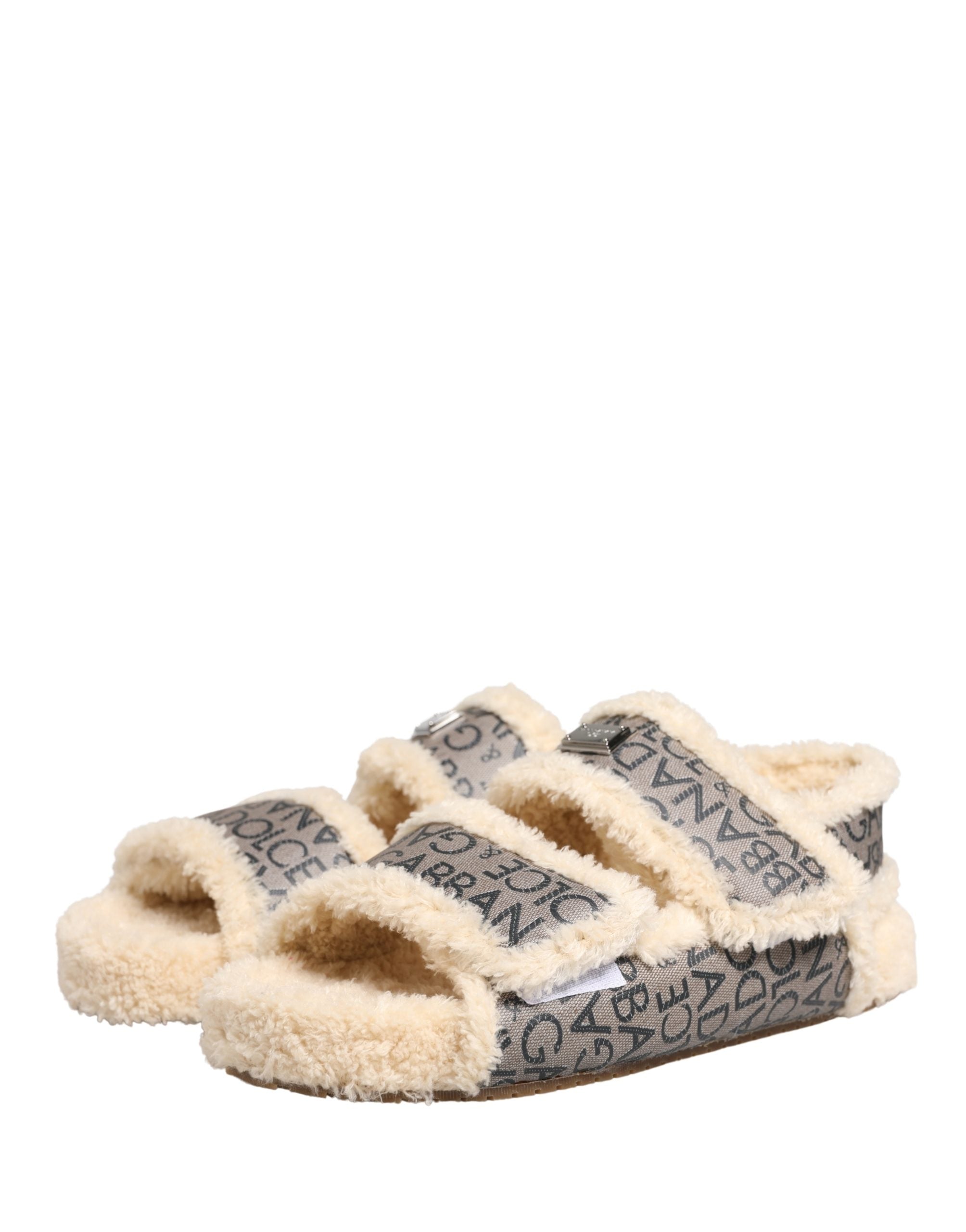 Dolce & Gabbana Beige Faux Fur Logo Print Flats Sandals Shoes