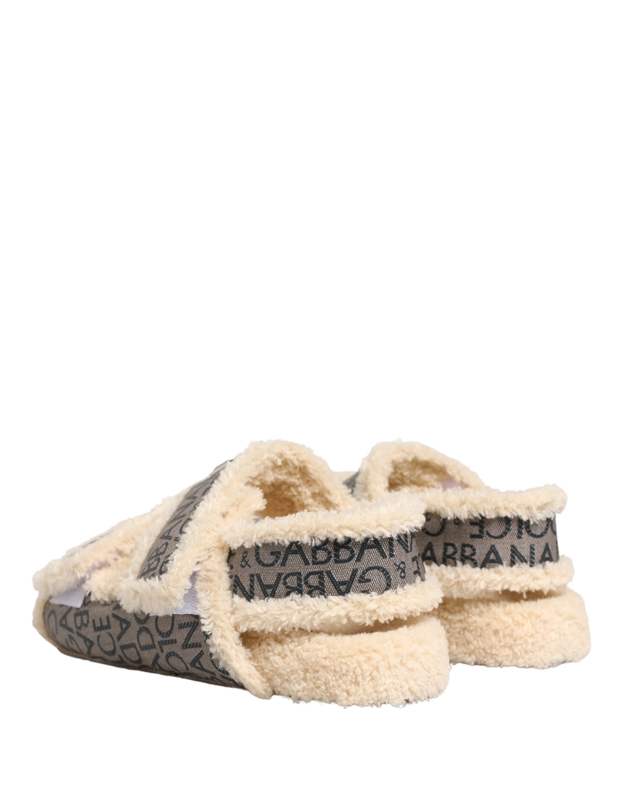 Dolce & Gabbana Beige Faux Fur Logo Print Flats Sandals Shoes