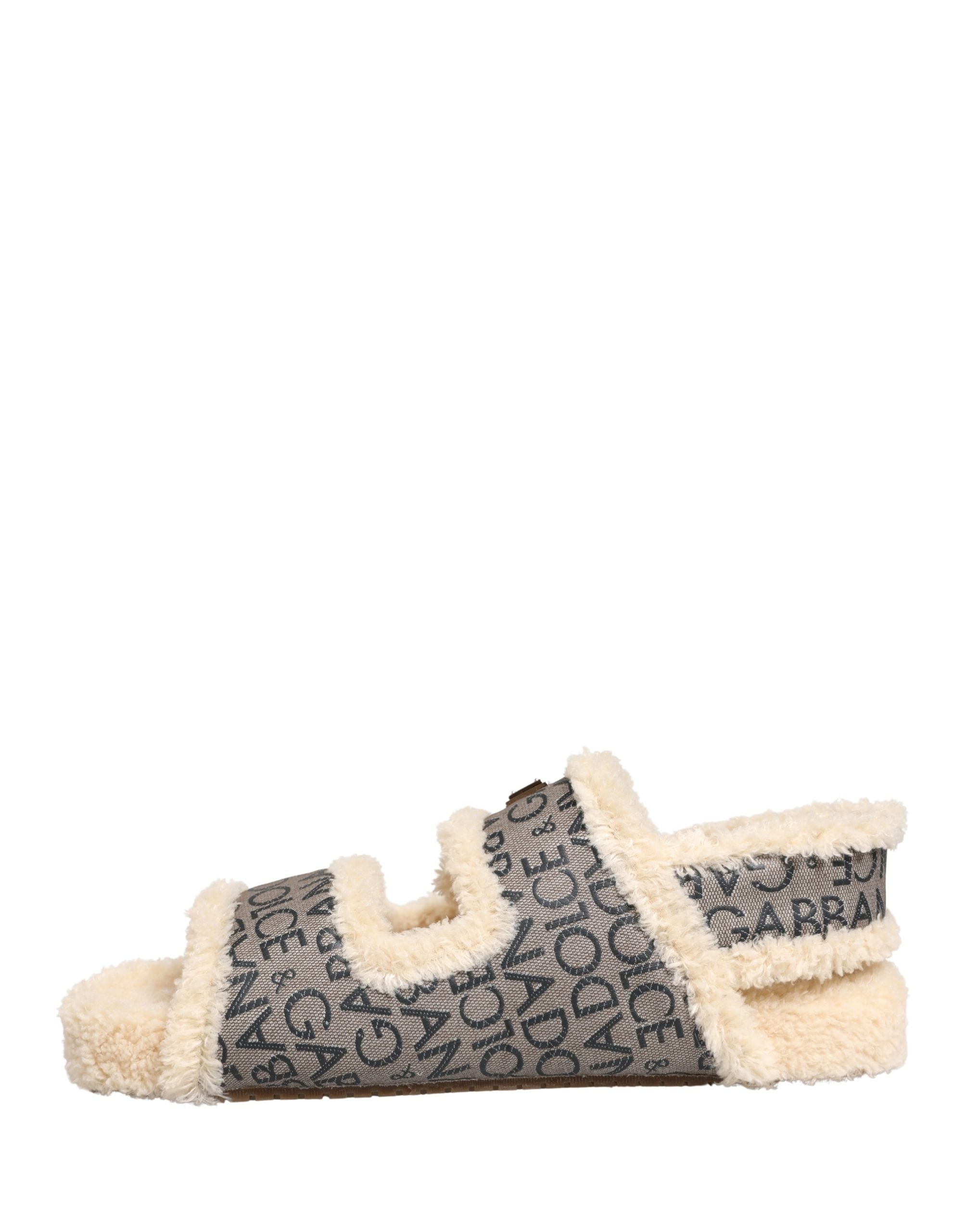 Dolce & Gabbana Beige Faux Fur Logo Print Flats Sandals Shoes