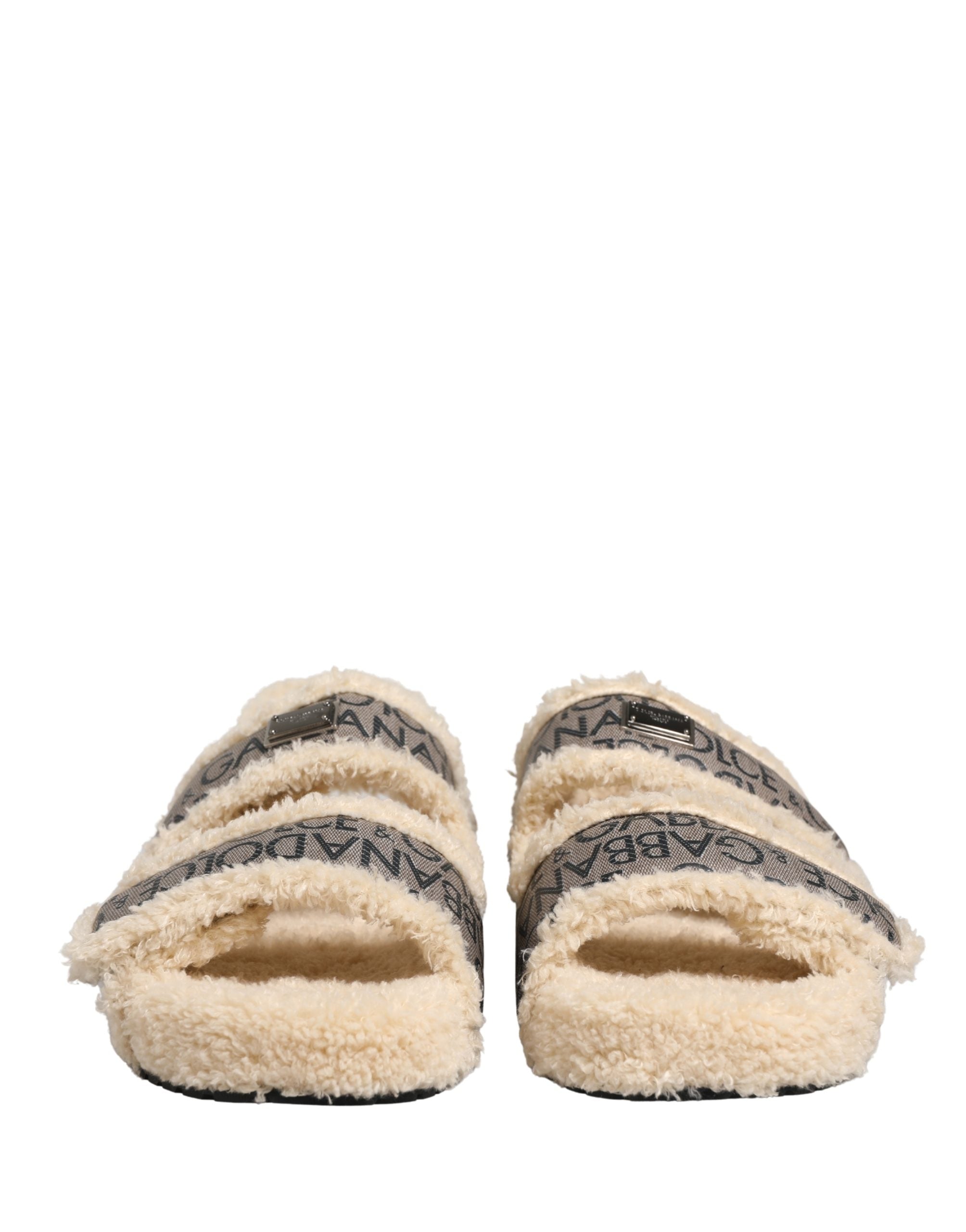 Dolce & Gabbana Beige Faux Fur Logo Print Flats Sandals Shoes