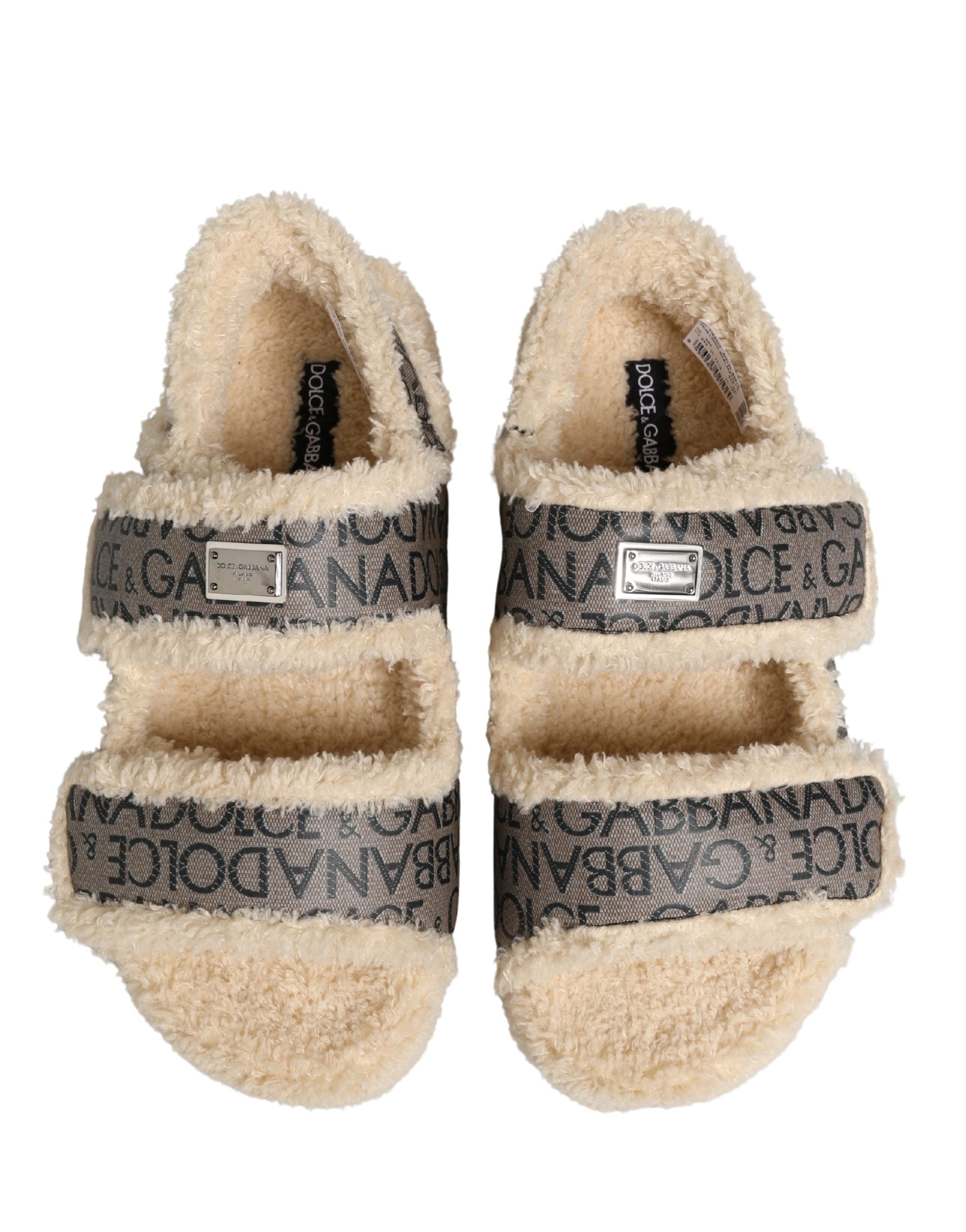 Dolce & Gabbana Beige Faux Fur Logo Print Flats Sandals Shoes