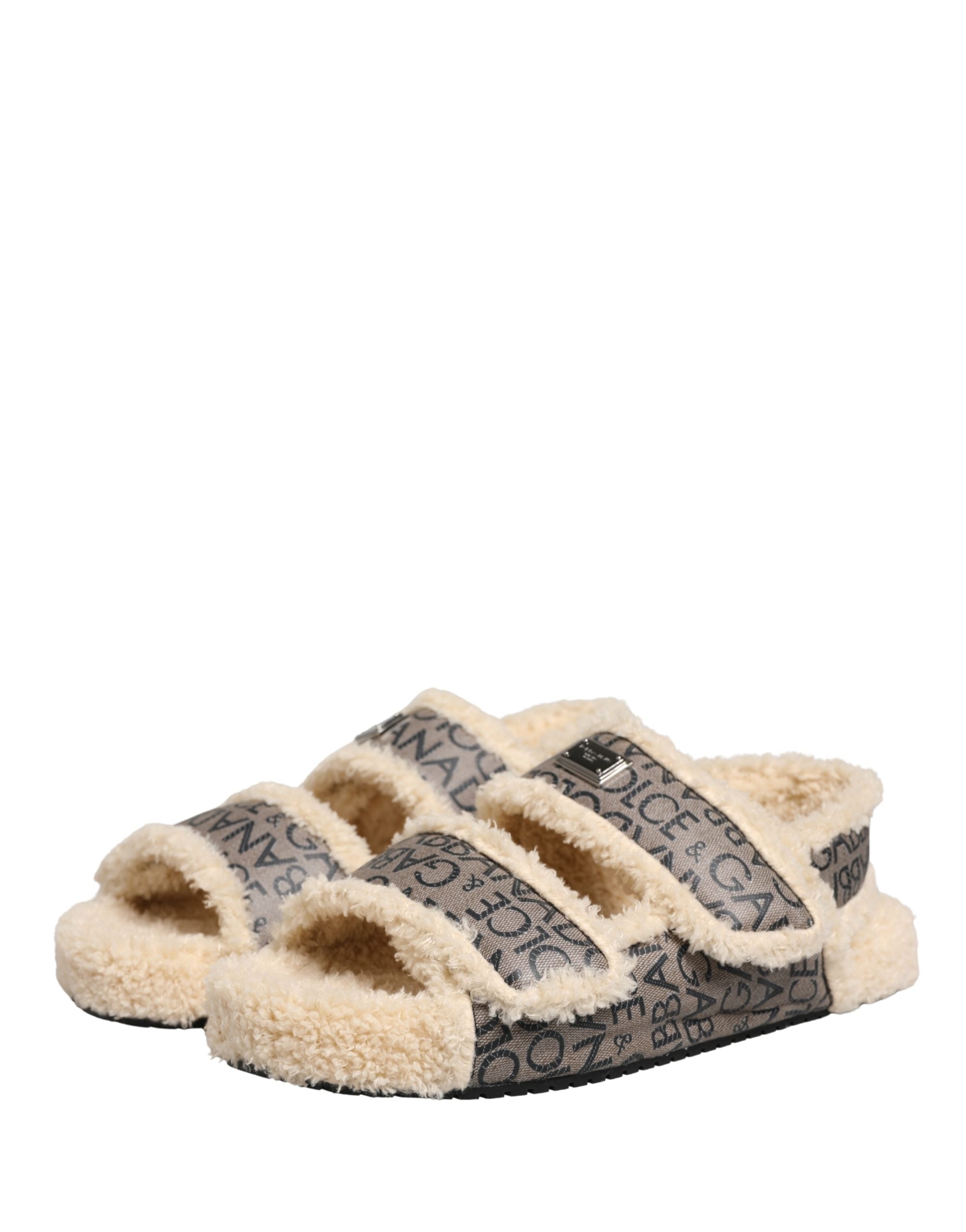 Dolce & Gabbana Beige Faux Fur Logo Print Flats Sandals Shoes
