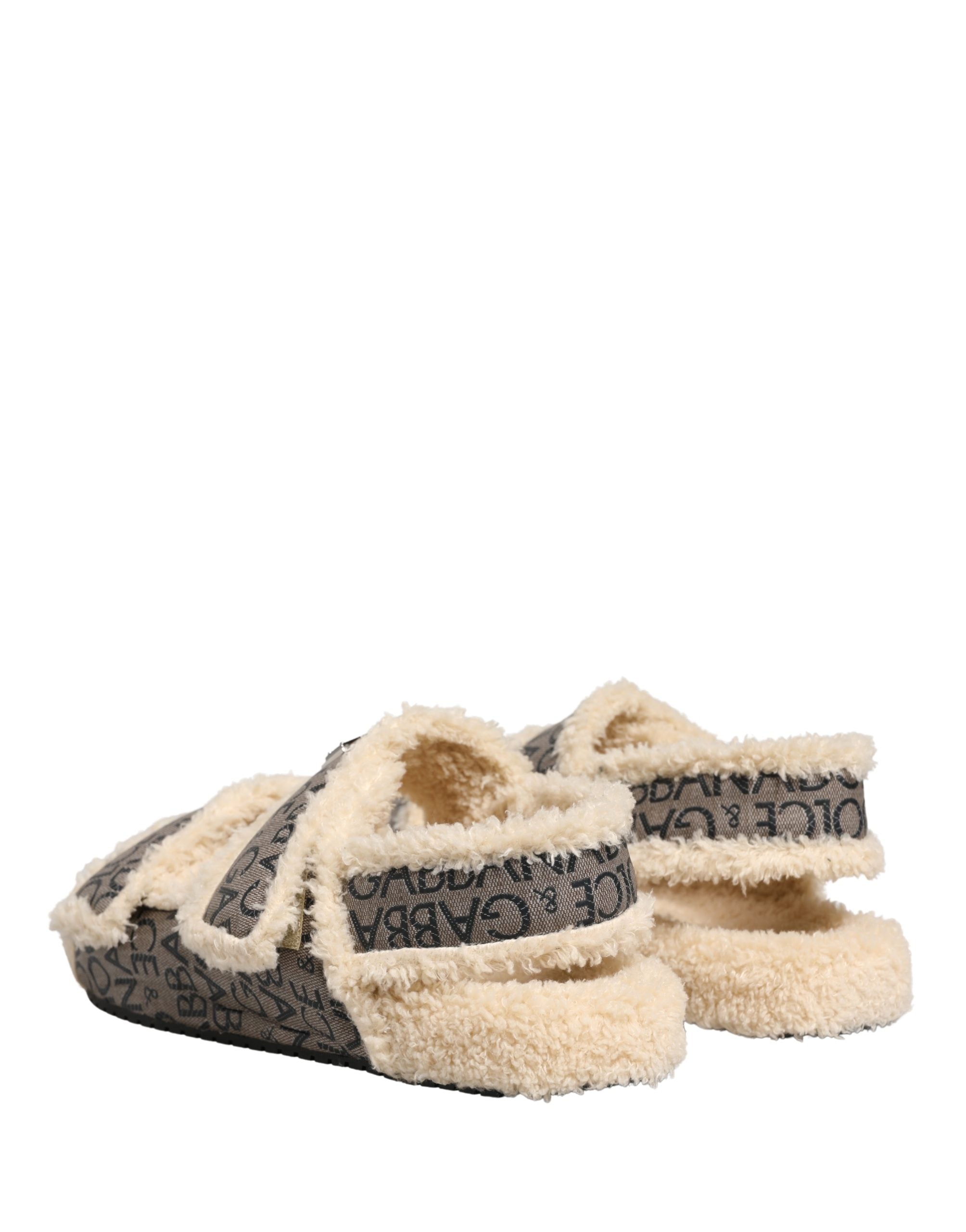 Dolce & Gabbana Beige Faux Fur Logo Print Flats Sandals Shoes