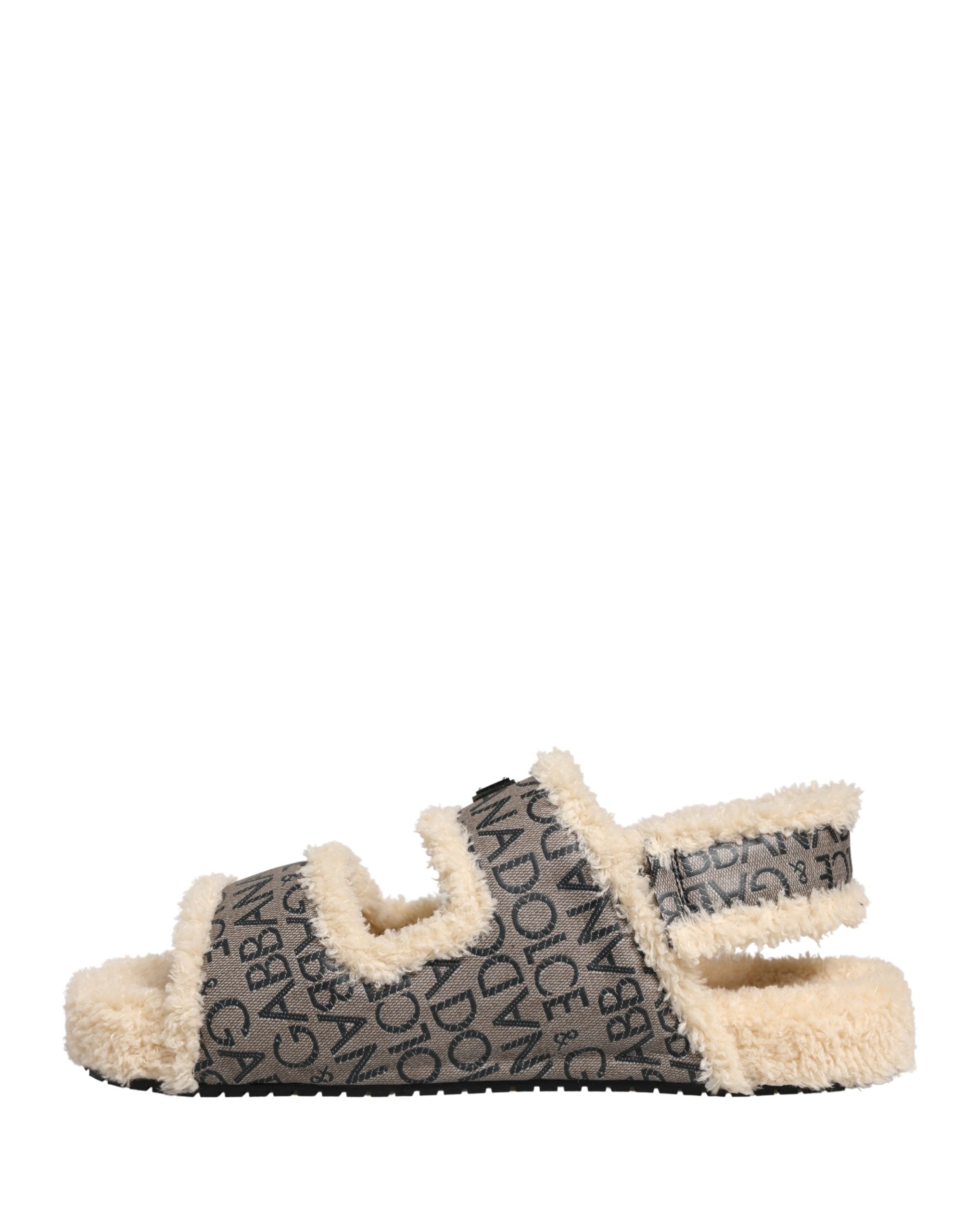 Dolce & Gabbana Beige Faux Fur Logo Print Flats Sandals Shoes