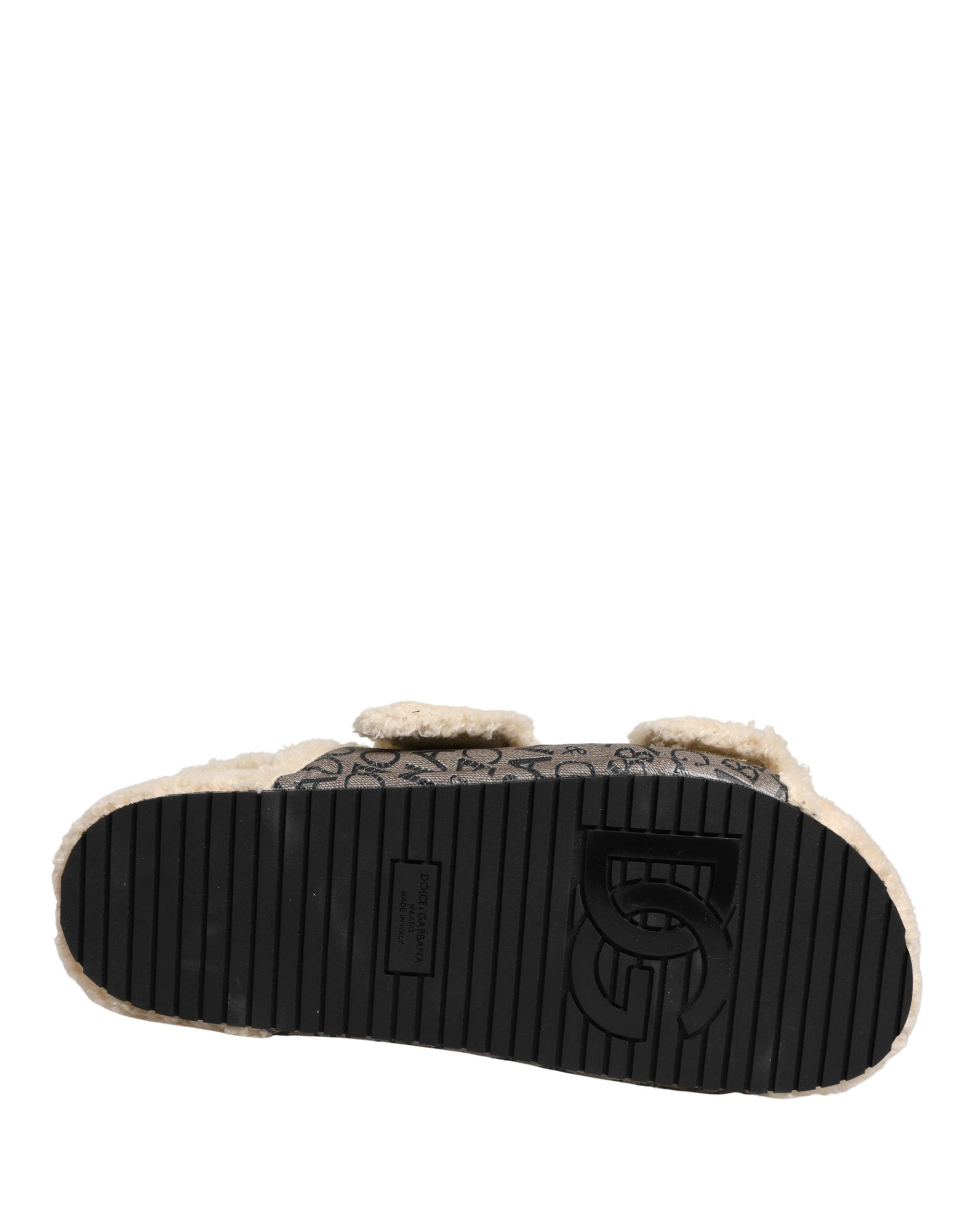 Dolce & Gabbana Beige Faux Fur Logo Print Flats Sandals Shoes