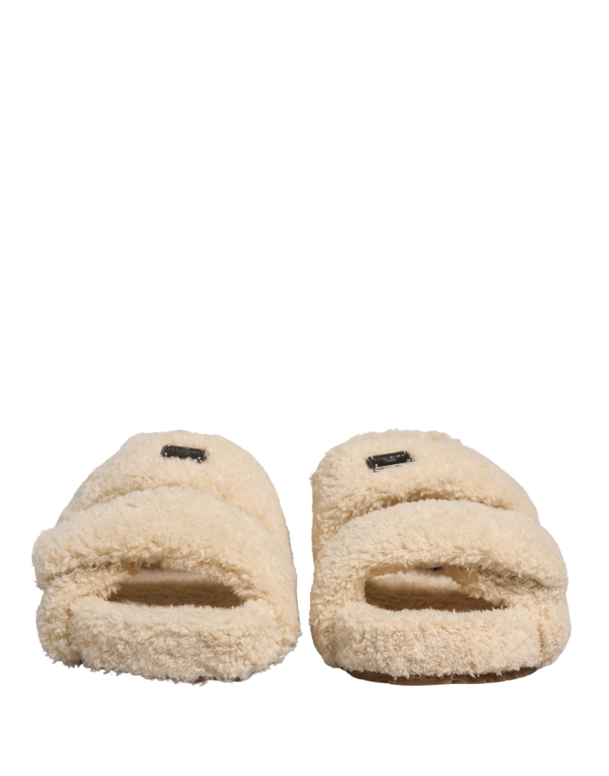 Dolce & Gabbana Beige Faux Fur Slides Men Flats Sandals Shoes