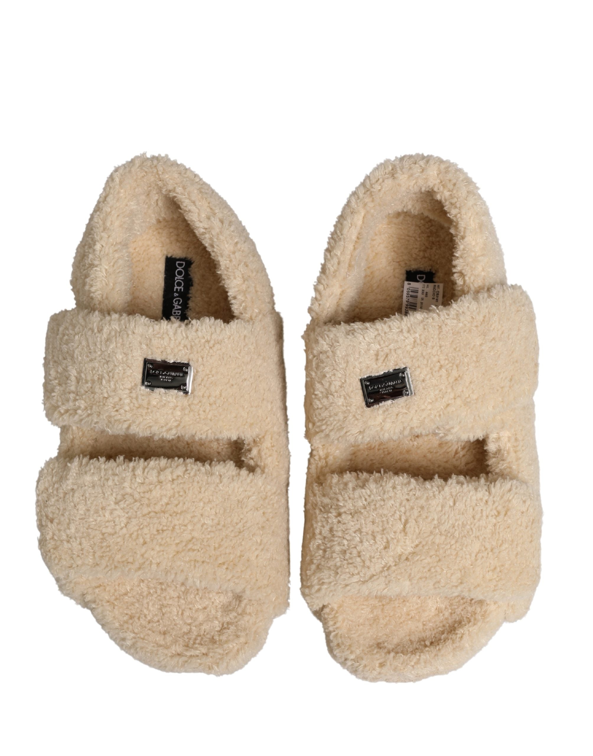 Dolce & Gabbana Beige Faux Fur Slides Men Flats Sandals Shoes