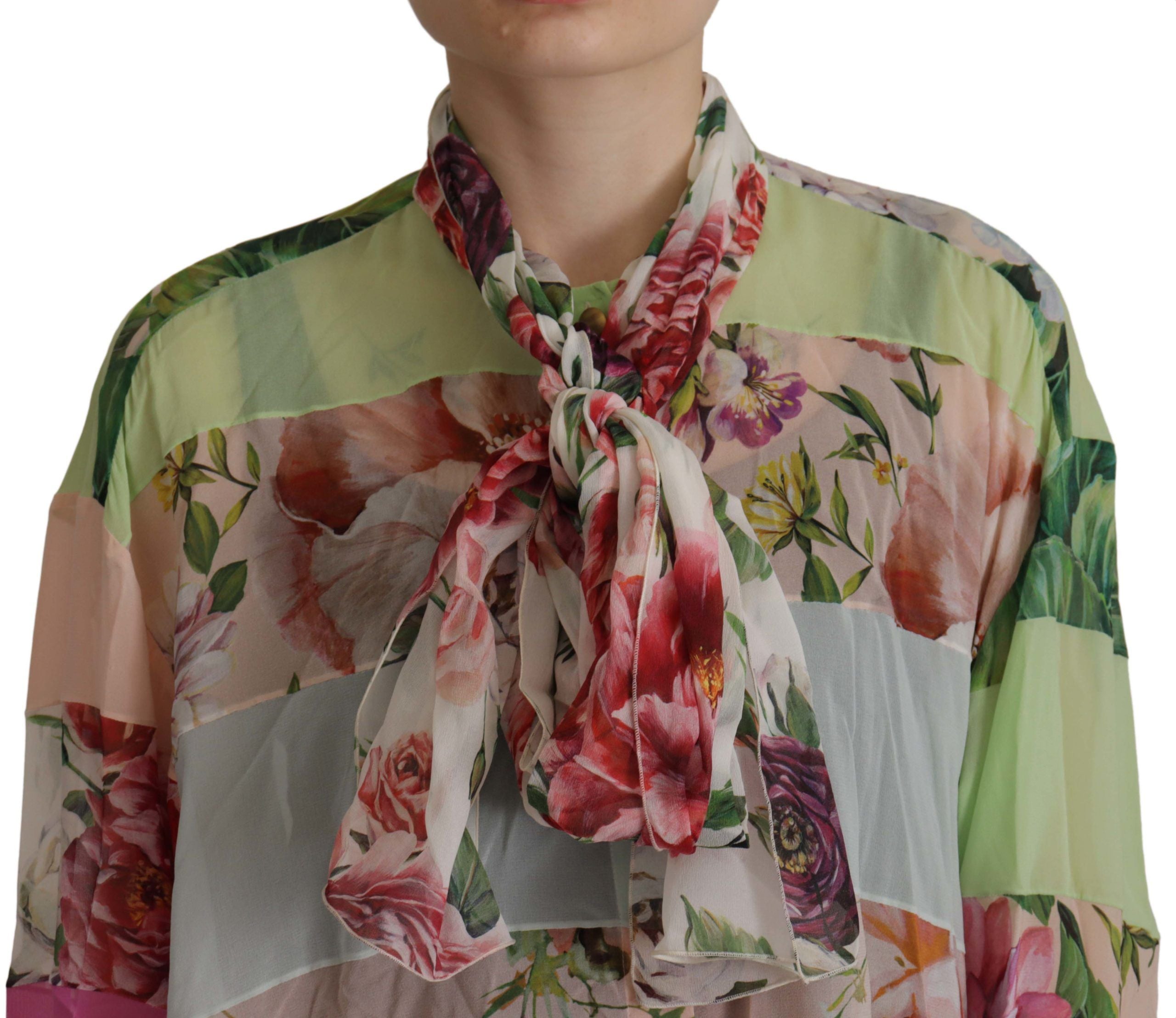 Dolce & Gabbana Multicolor Floral Patchwork Design Ascot Collar Top Blouse