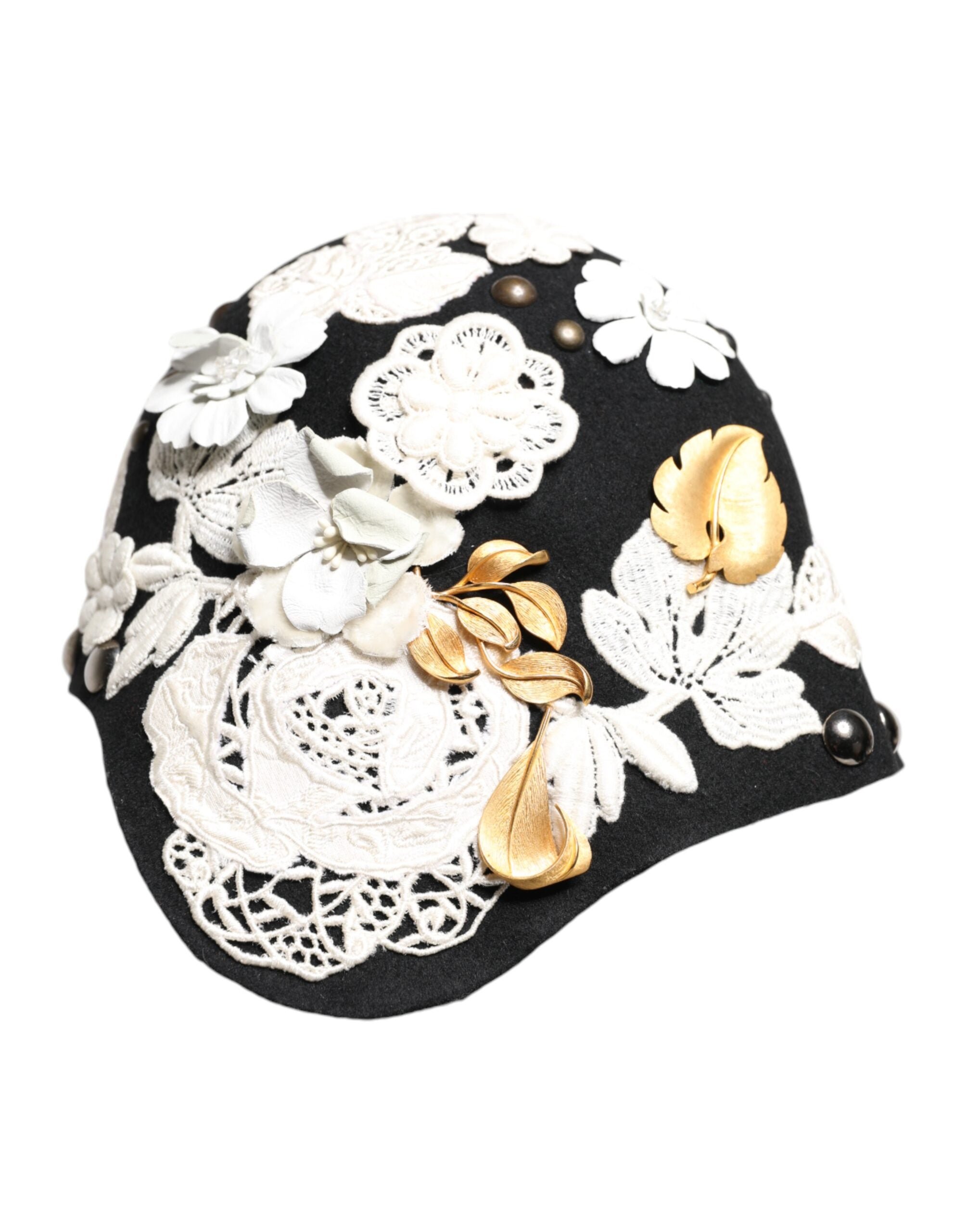 Dolce & Gabbana Black Wool White Floral Gold Leaf Cloche Hat
