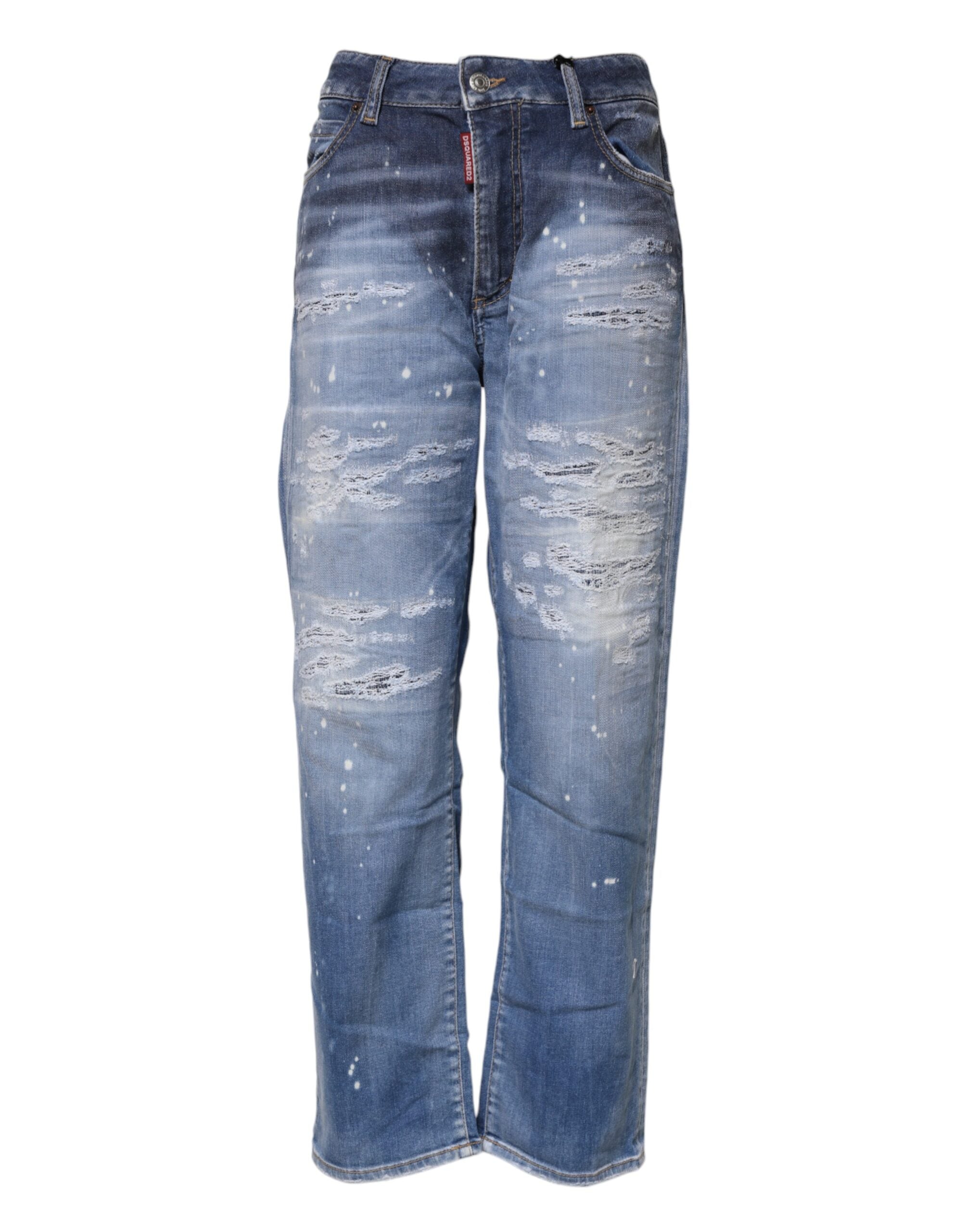 Dsquared² Blue Tattered Cotton Mid Waist Straight Denim Jeans