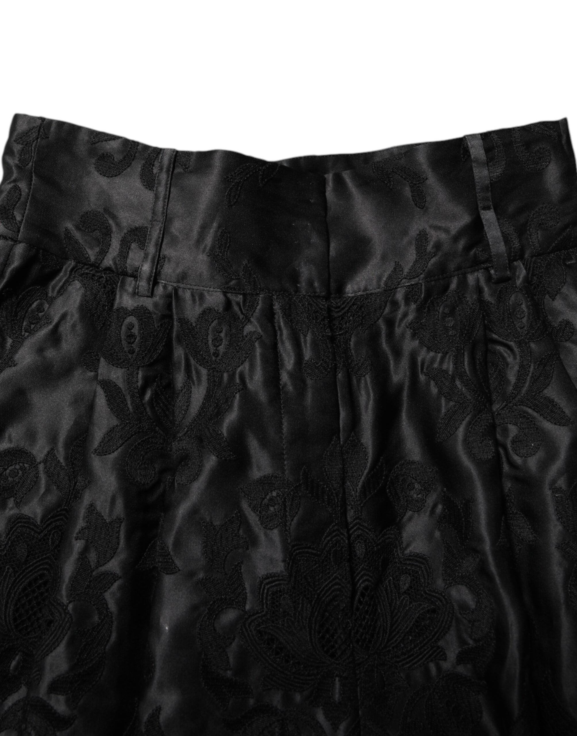 Dolce & Gabbana Black Floral Embroidery Silk High Waist Shorts