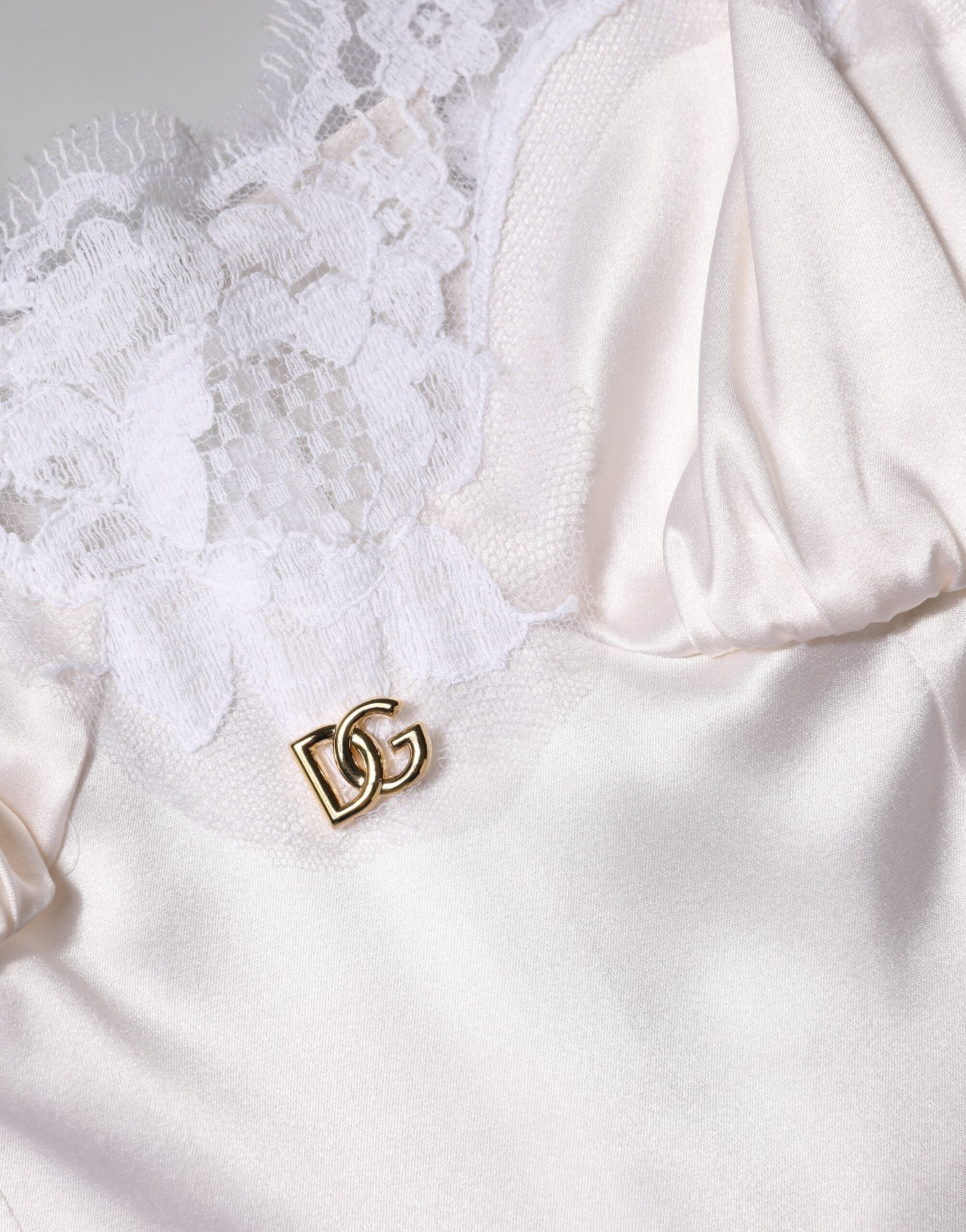 Dolce & Gabbana White Lace Gold DG Logo Silk Dress Sleepwear