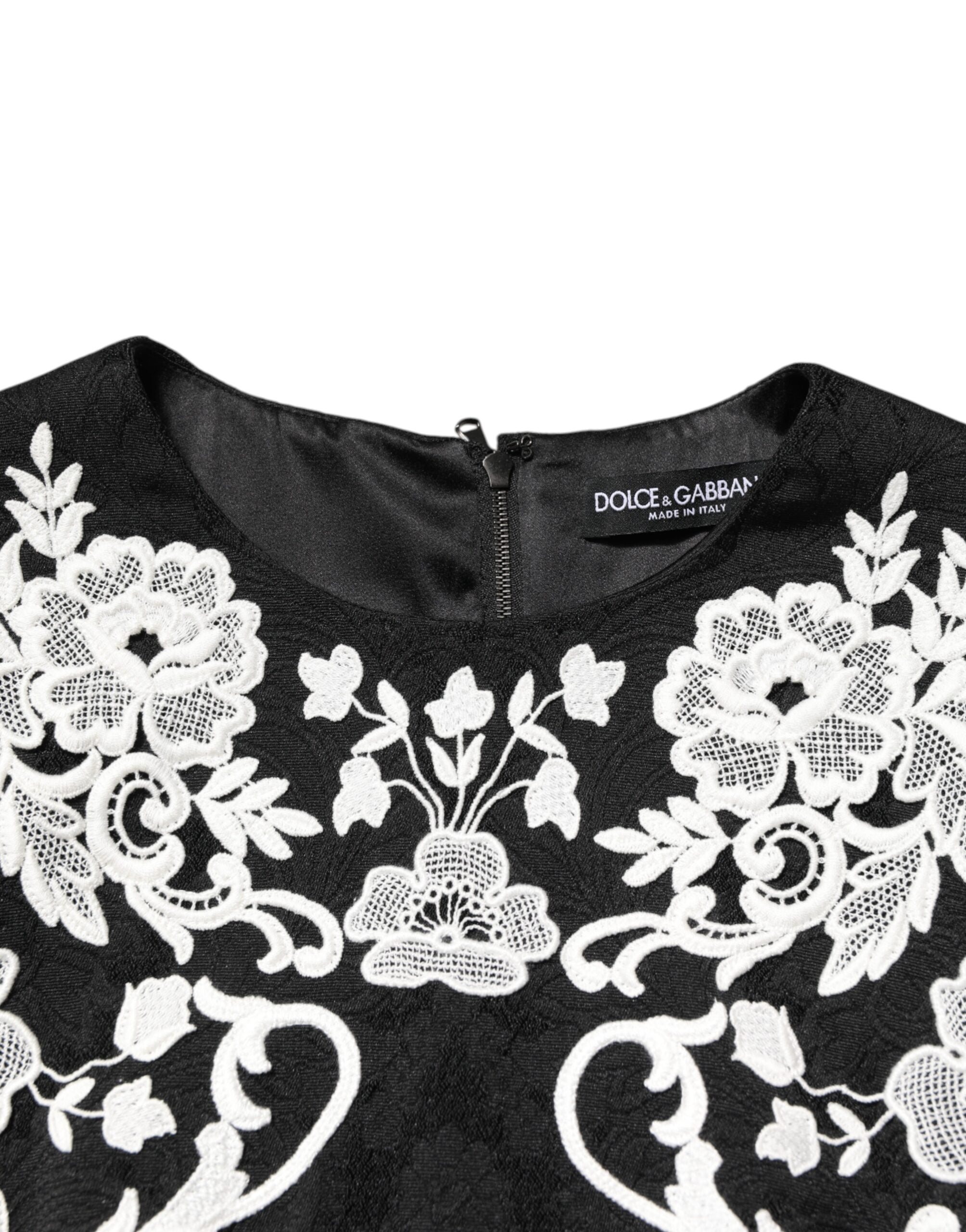 Dolce & Gabbana Black Lace Trim Short Sleeves A-line Dress
