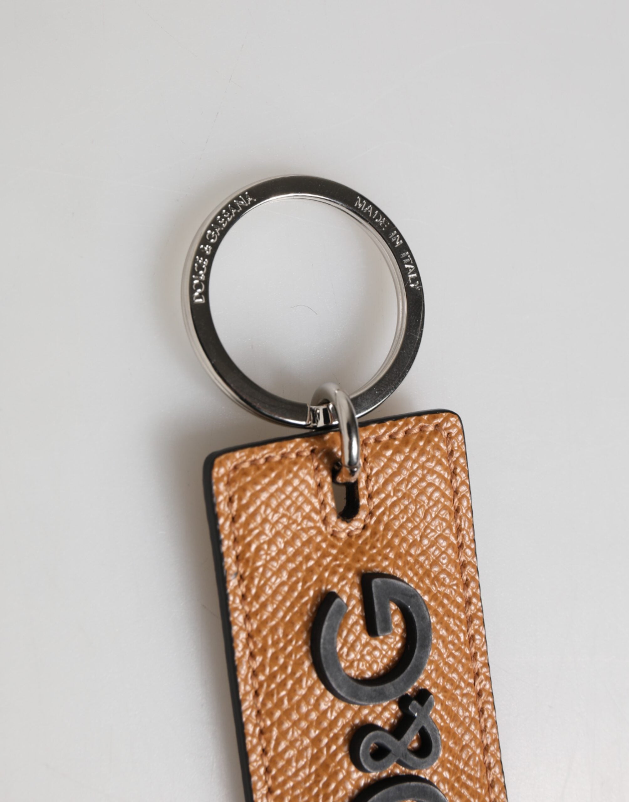 Dolce & Gabbana Brown Leather Logo Metal Ring Keychain Holder Men Keyring