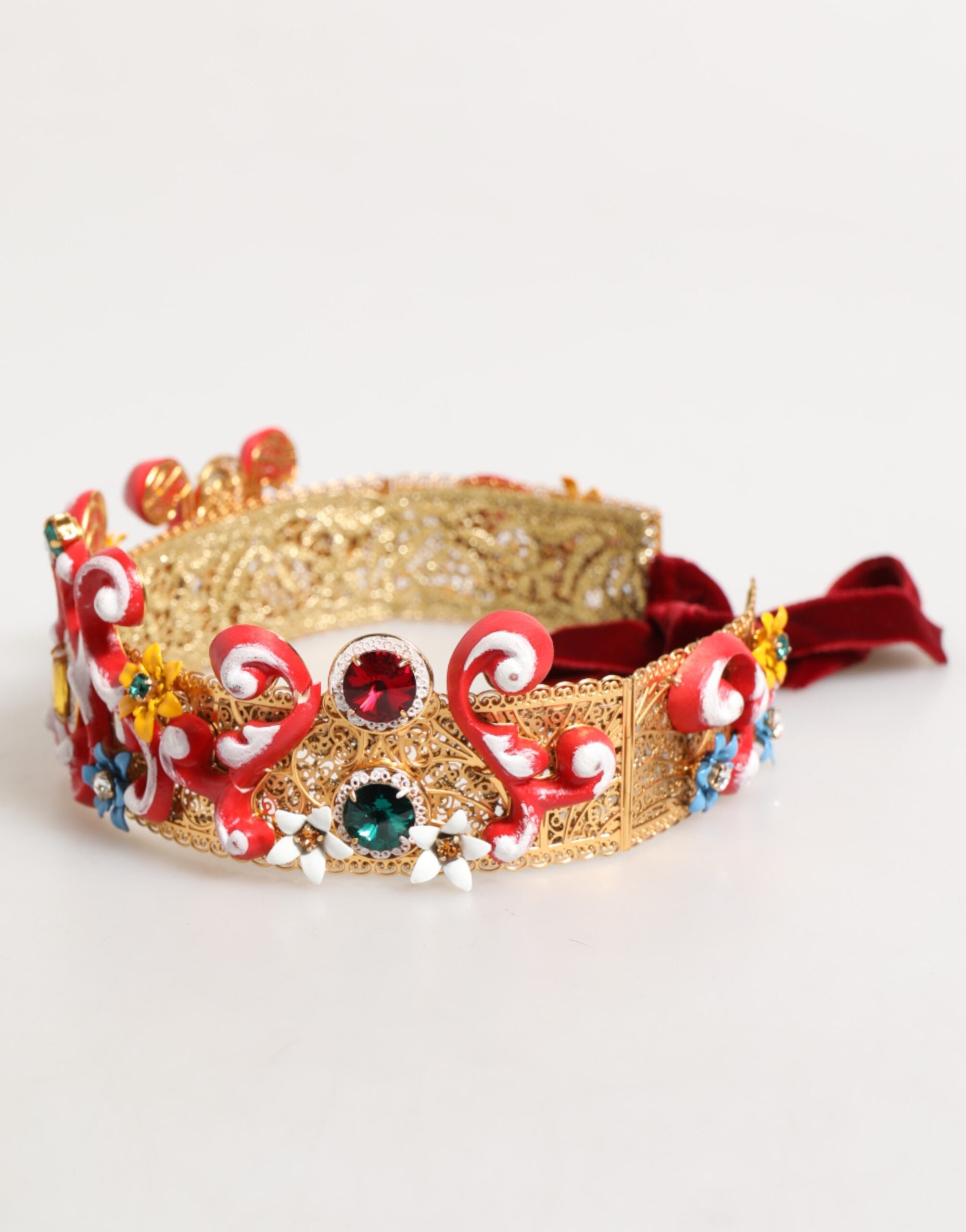 Dolce & Gabbana Red Carretto Multicolor Crystal Gold Tiara Crow Headband