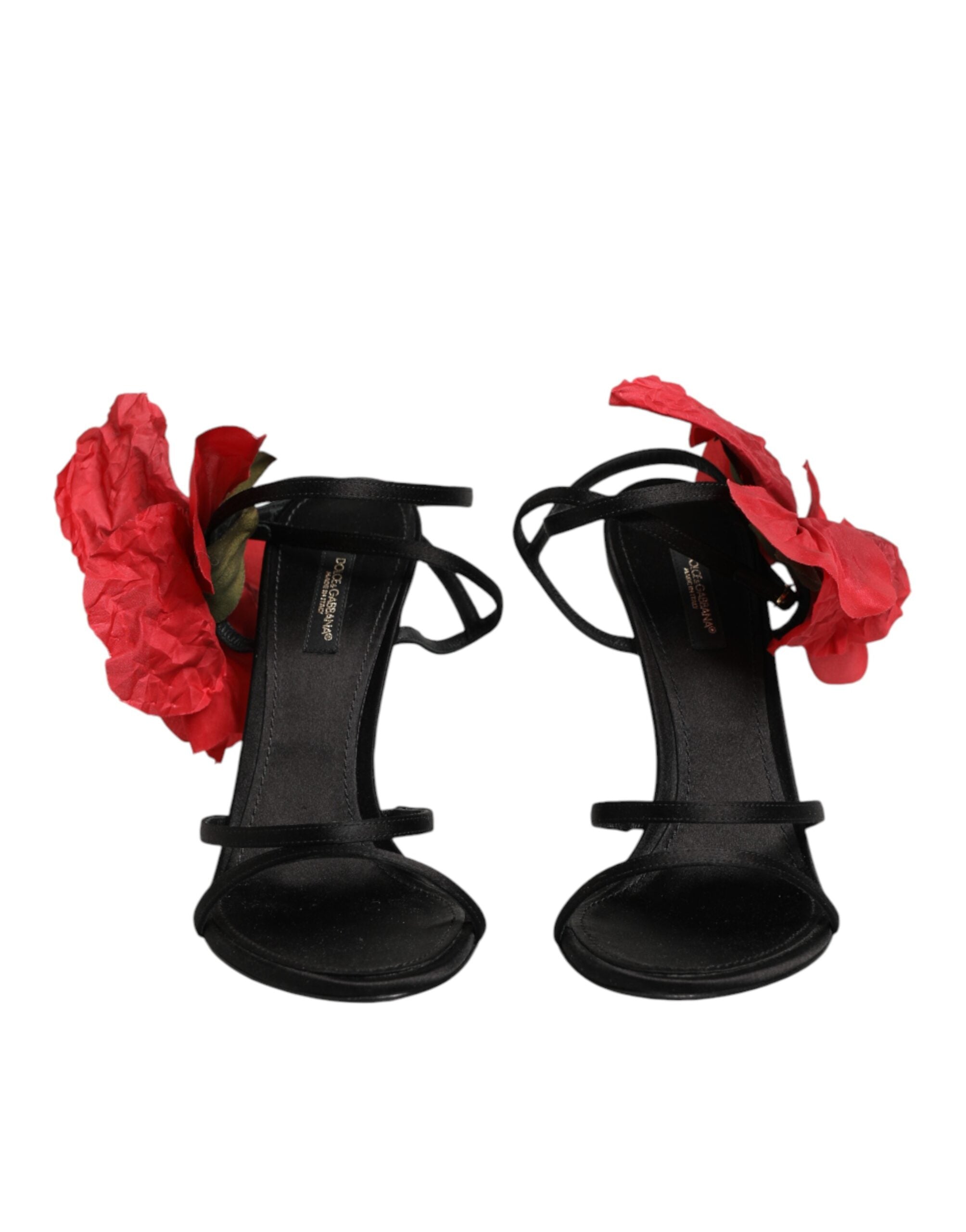 Dolce & Gabbana Black Leather Strappy Flower Heels Sandals Shoes
