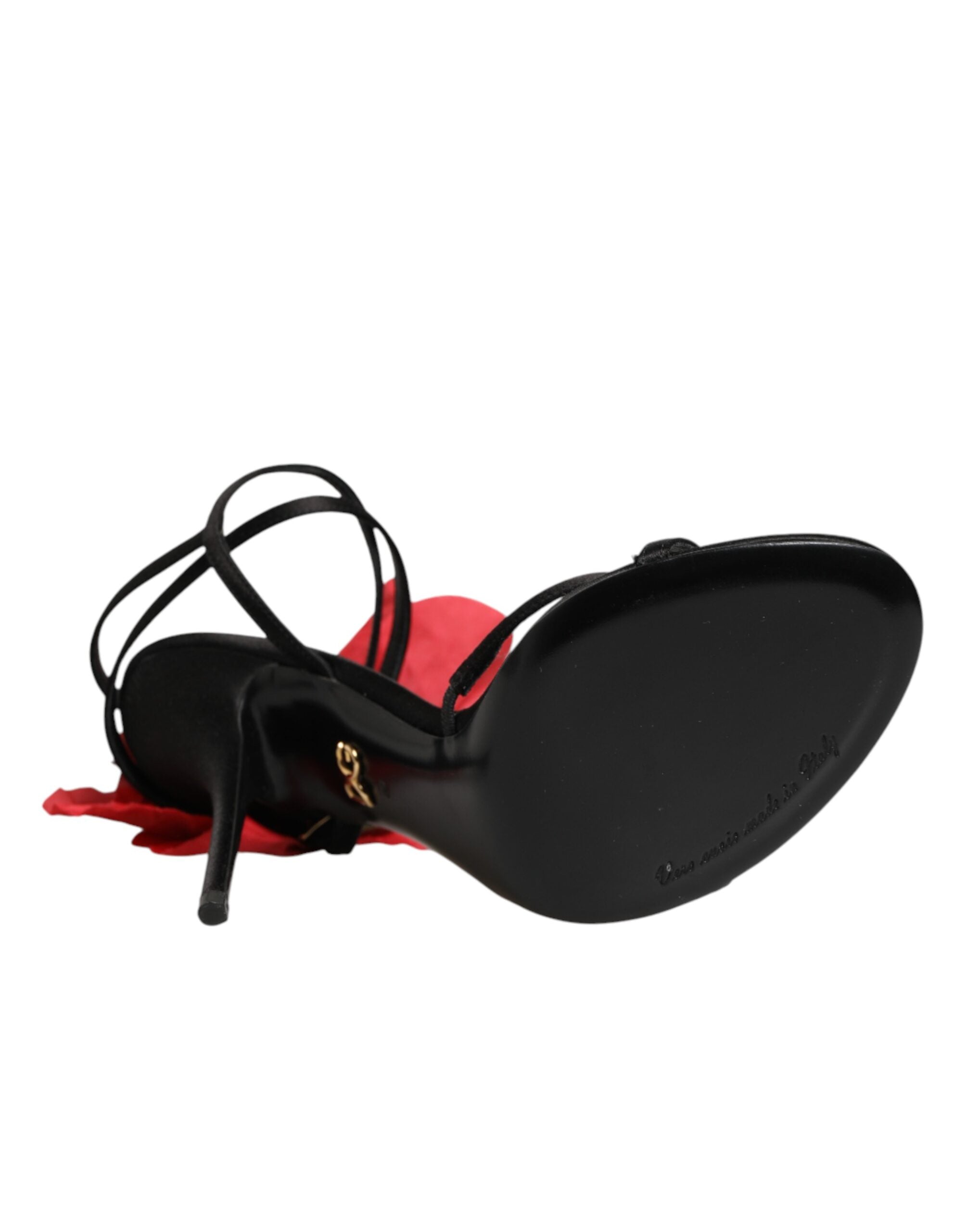 Dolce & Gabbana Black Leather Strappy Flower Heels Sandals Shoes