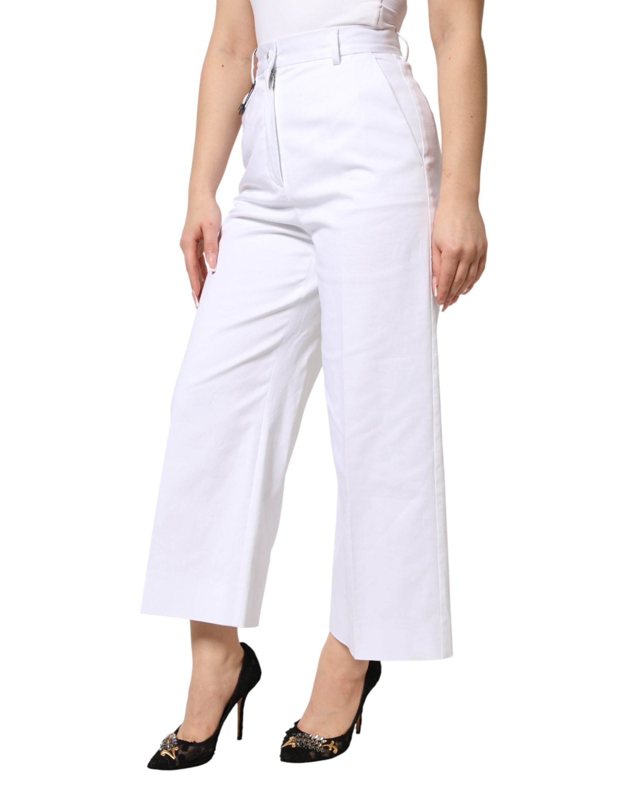 Dolce & Gabbana White Cotton High Waist WideLeg Cropped Pants