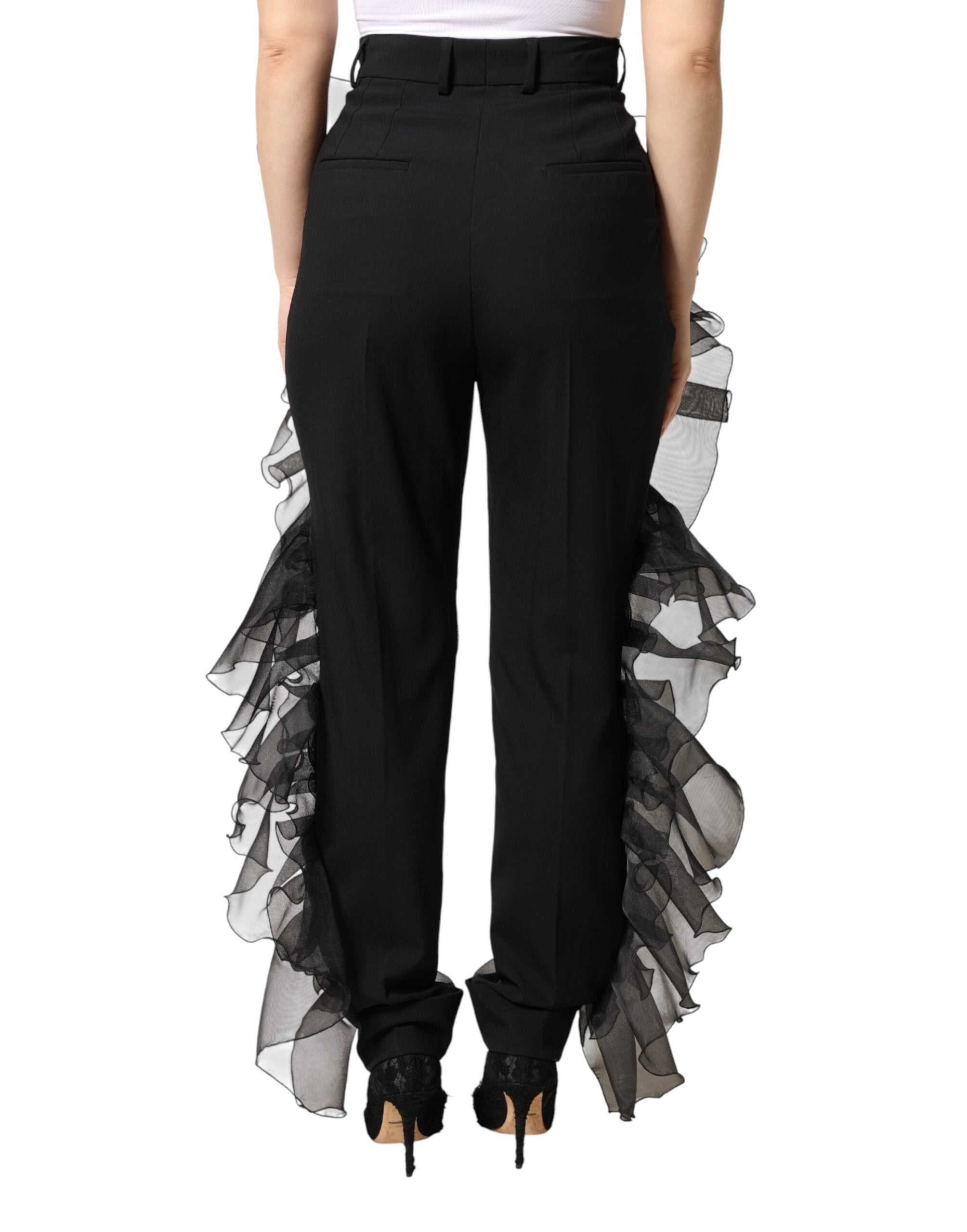 Dolce & Gabbana Black High Waist Tulle Wool Trouser Pants