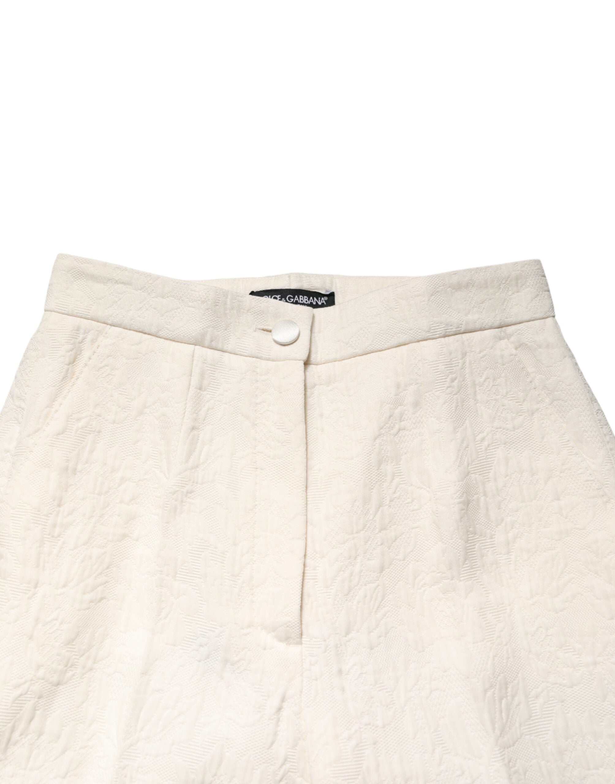 Dolce & Gabbana White Cotton Floral Brocade Dress Pants