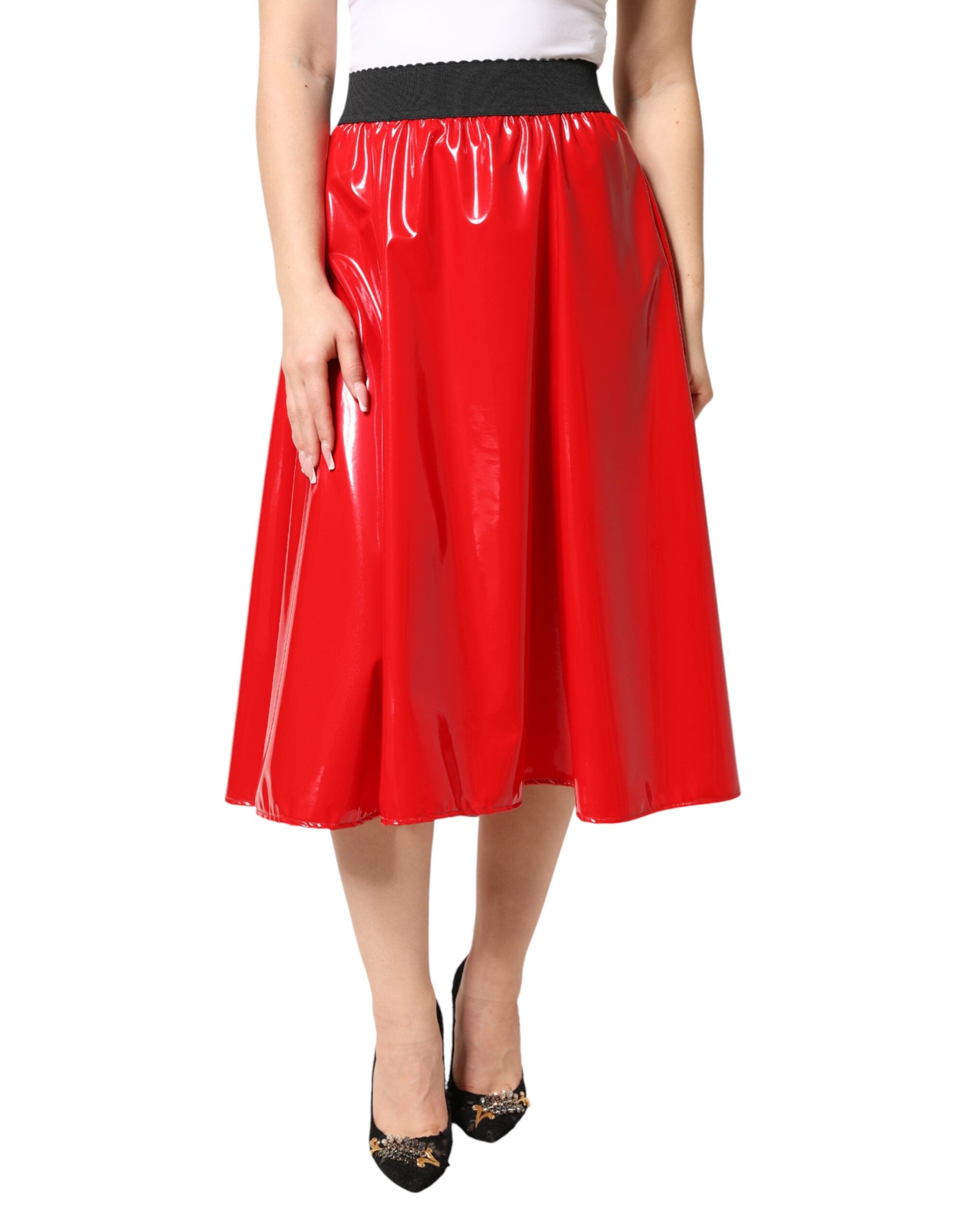 Dolce & Gabbana Glossy Red Polyester High Waist Midi Skirt