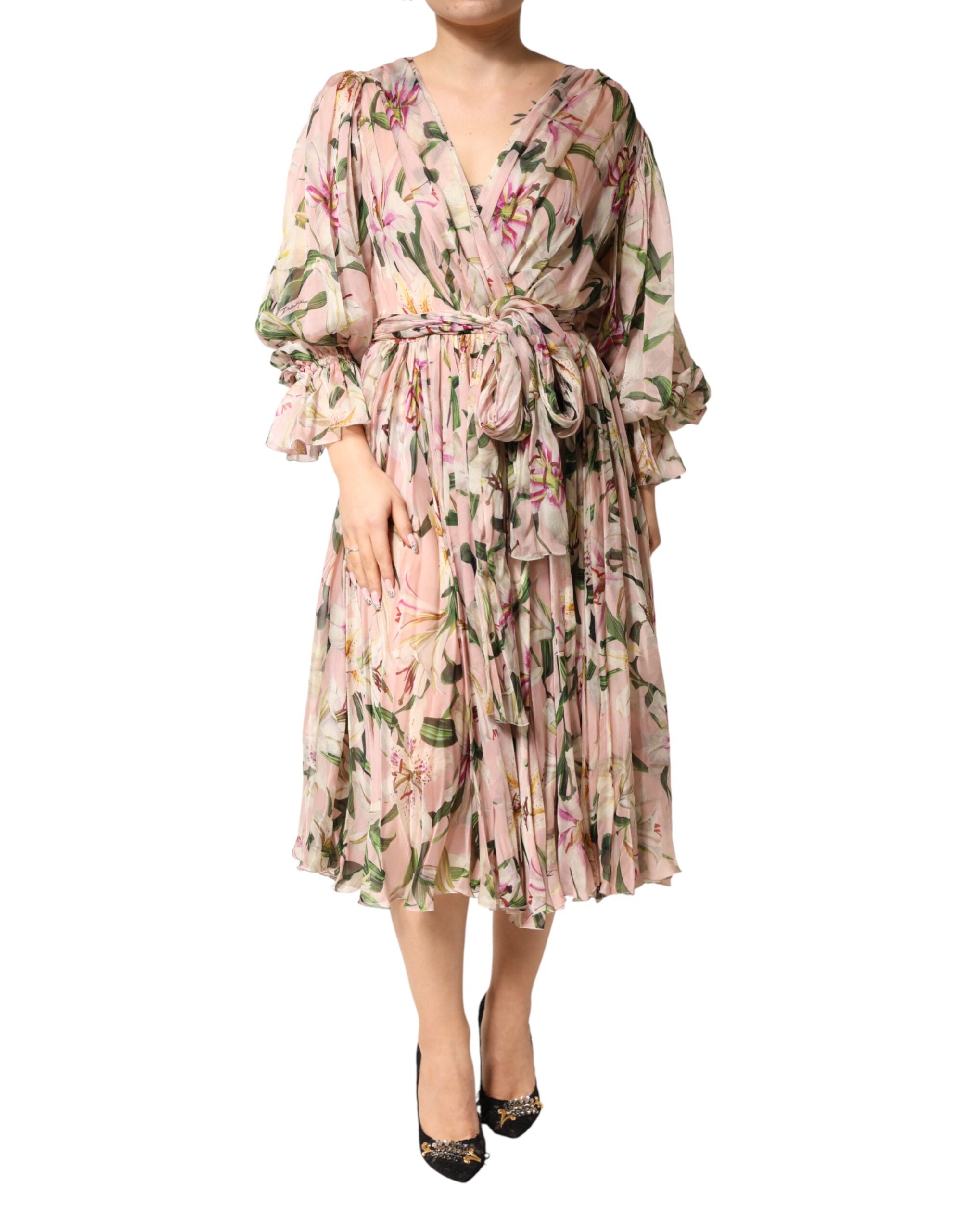 Dolce & Gabbana Pink Lily Print A-line Pleated Maxi Dress