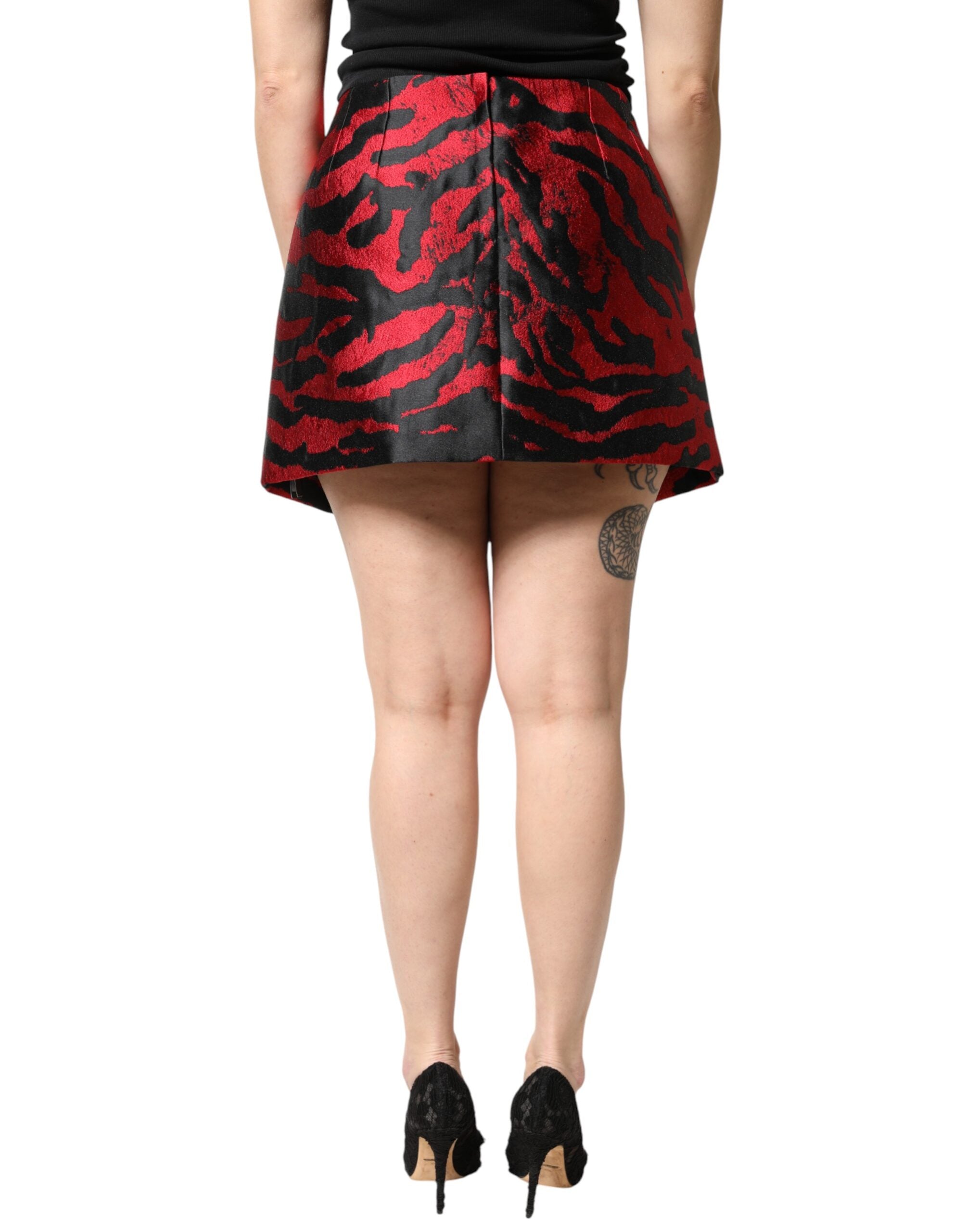 Dolce & Gabbana Black Red Jacquard High Waist Mini Skirt