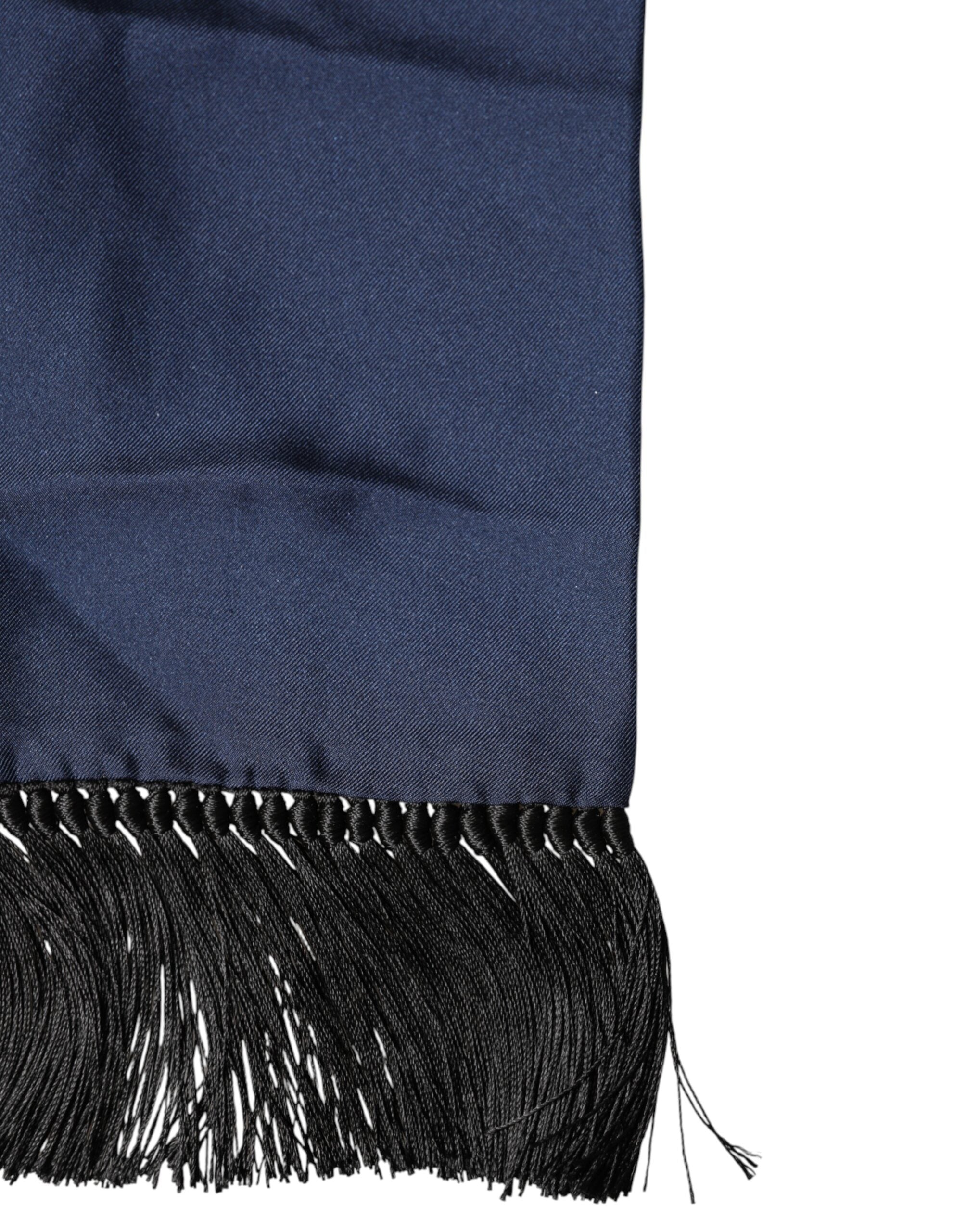 Dolce & Gabbana Navy Blue Silk Fringes Neck Foulard Scarf