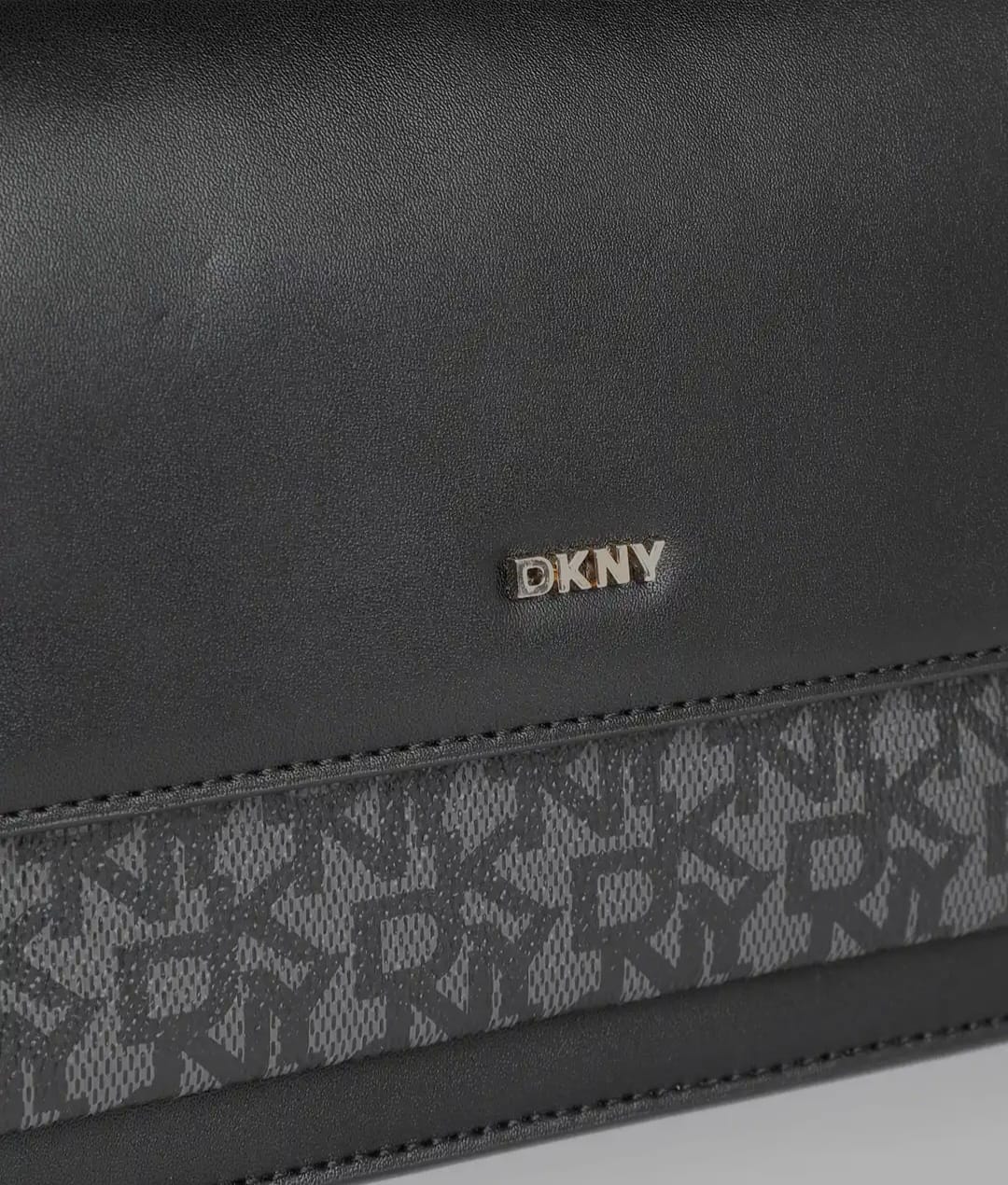 DKNY Leather Brand Logo Printed Structured Shoulder Bag - Black