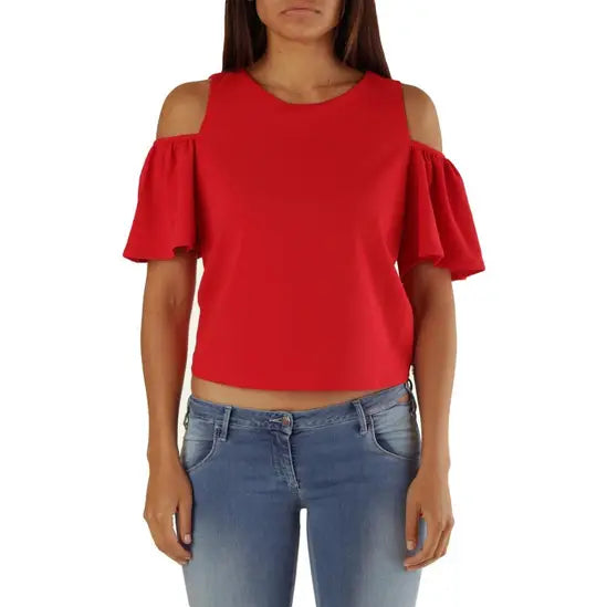 Met Elegant Women's Cold Shoulder Top with Flutter Sleeves - Red Blouses
