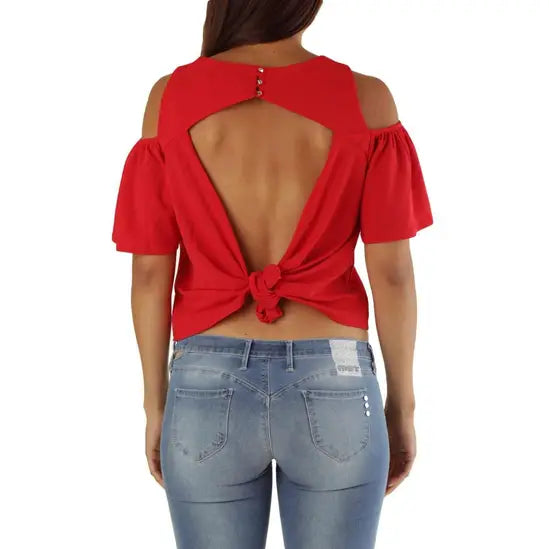 Met Elegant Women's Cold Shoulder Top with Flutter Sleeves - Red Blouses
