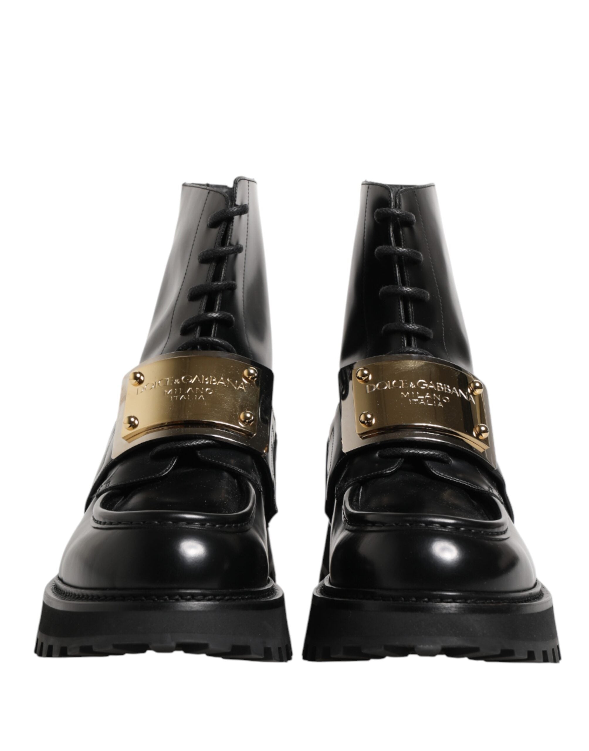 Dolce & Gabbana Black Leather DG Plaque Lace Up Boots Shoes