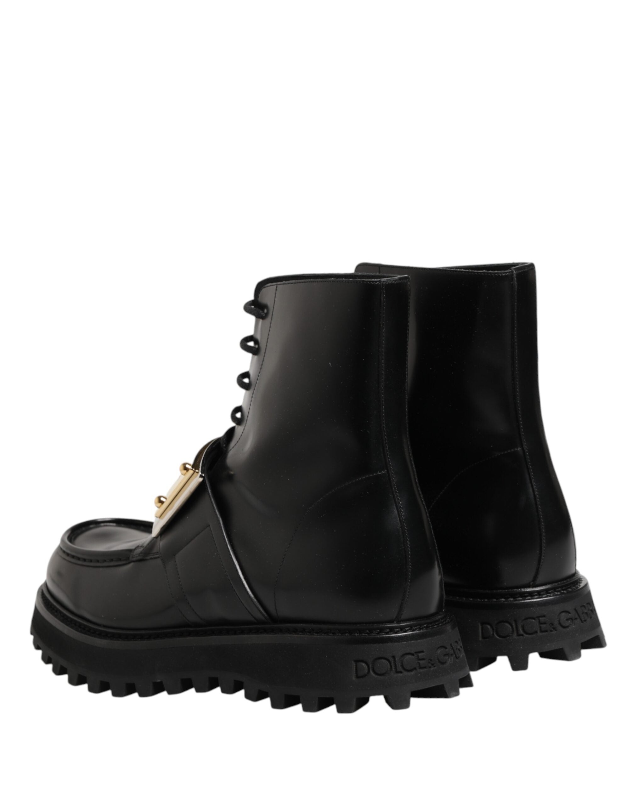 Dolce & Gabbana Black Leather DG Plaque Lace Up Boots Shoes